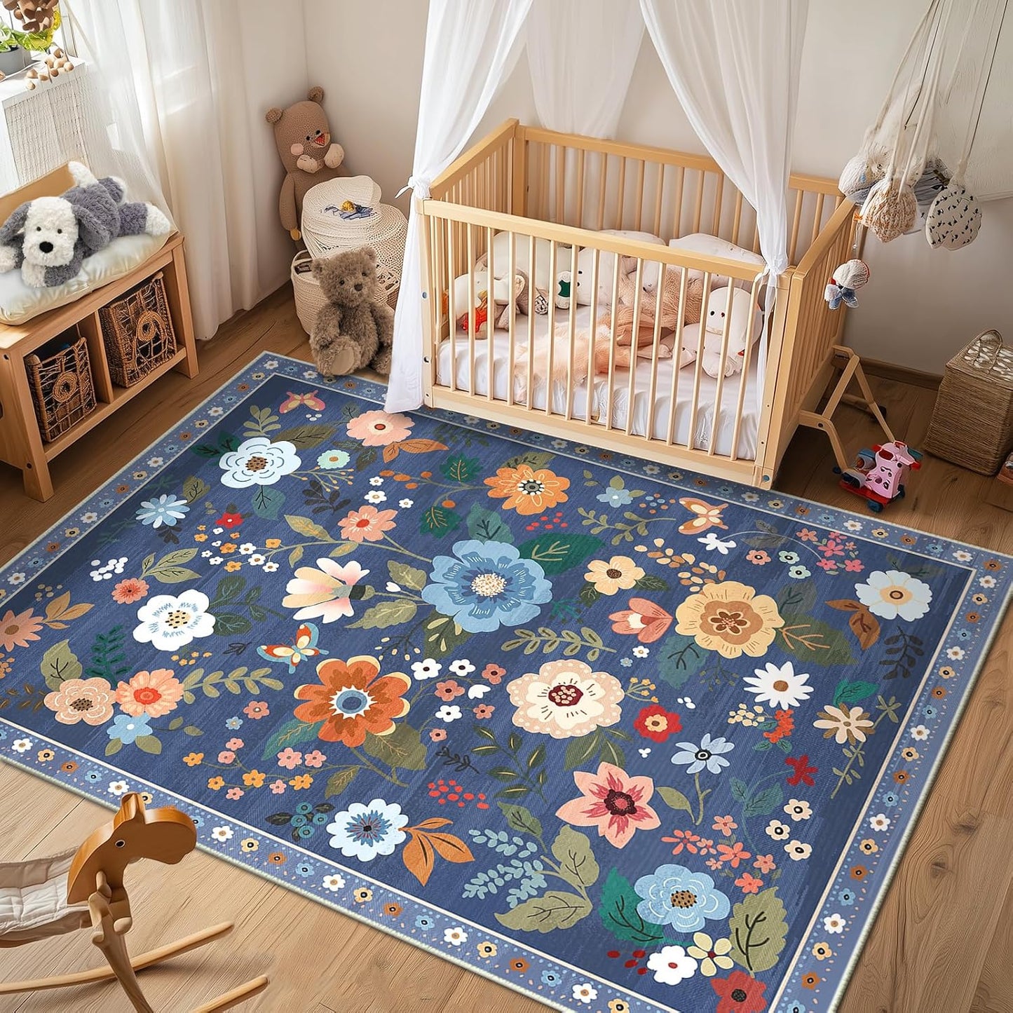 Floral 5x7 Area Rug Machine Washable Soft Print Boho Carpet Non Slip Doormat Low Pile Flower Area Rugs for Living Room Bedroom Nursery Kitchen Dining Room Indoor-Blue/Grey