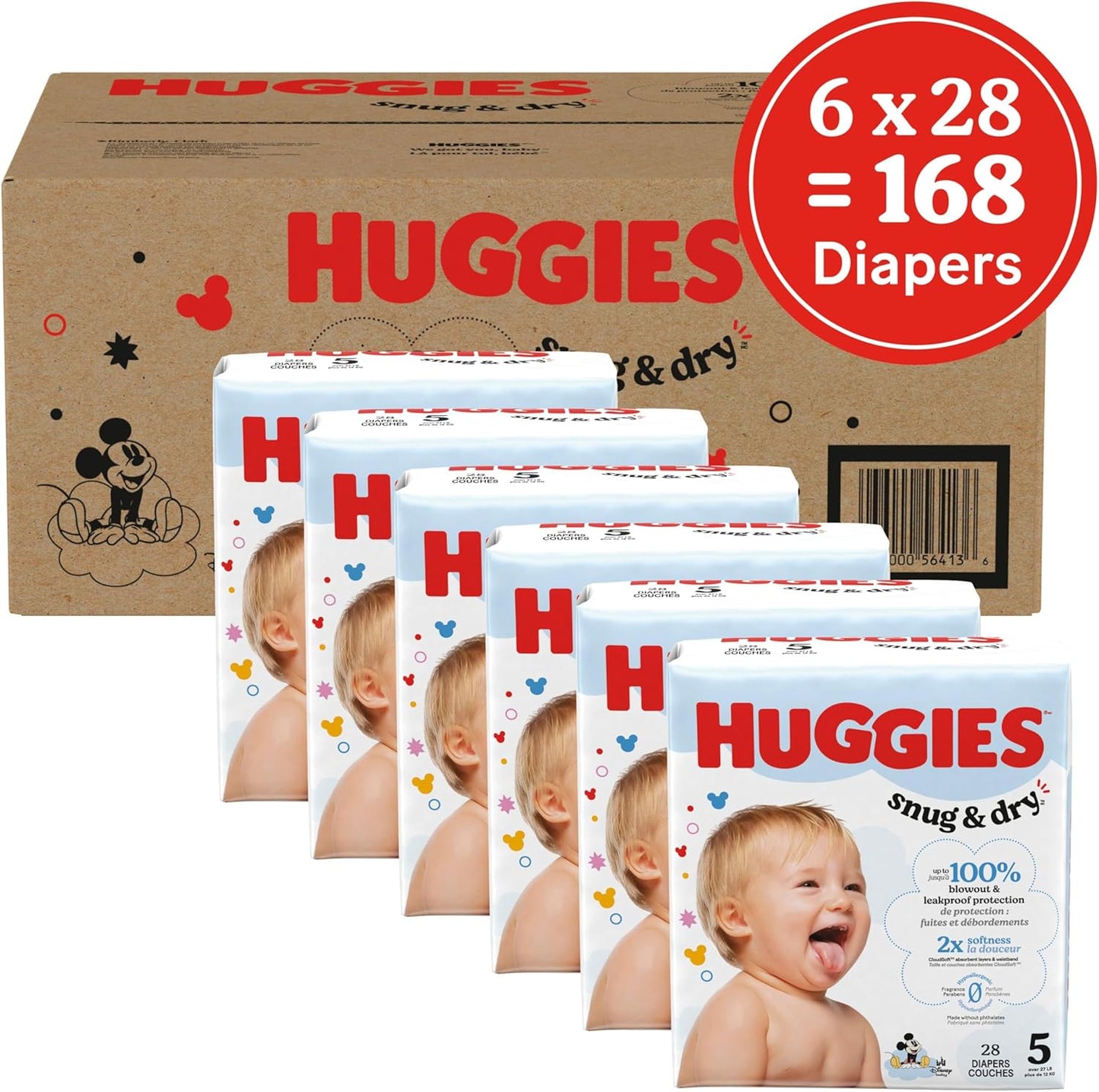 Huggies Size 5 Diapers, Snug & Dry Baby Diapers, Size 5 (27+ lbs), 168 Count (6 Packs of 28), Packaging May Vary