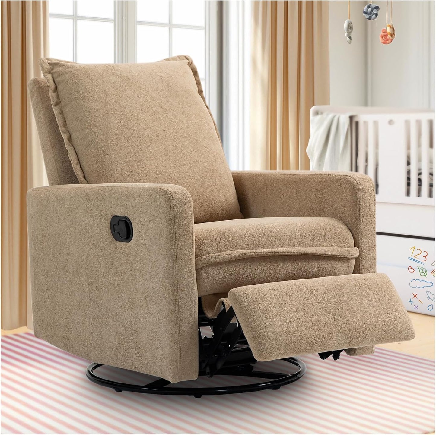 Swivel Rocking Recliner Chair for Nursery, Upholstered Glider Rocker Recliner, Swivel Reclining Chair for Nursery Living Room Bedroom, Camel Short Plush