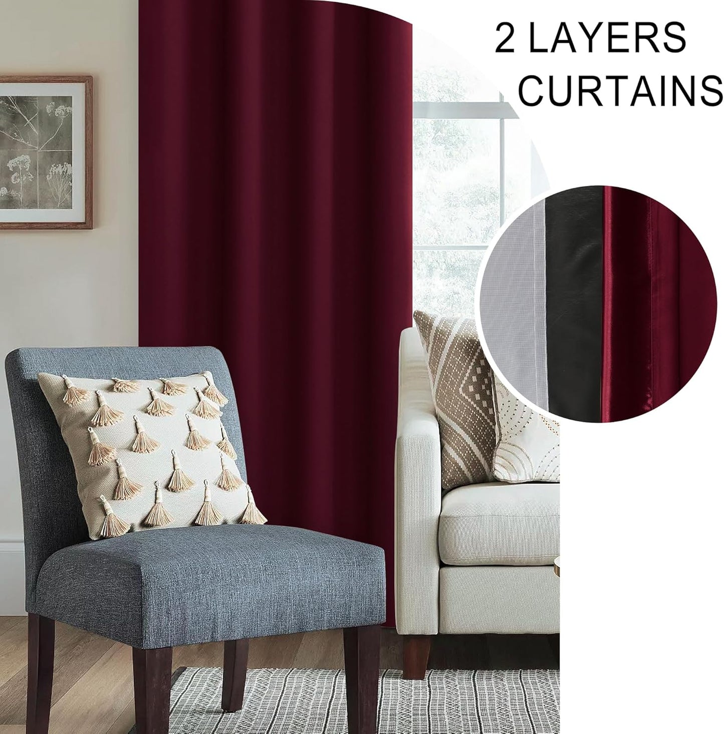 XWZO 100% Blackout Window Curtains- Rod Pocket Thermal Insulated & Noise Reduction Black Liner Window Treatment Sewn with Tiebacks for Bedroom/Living Room, Burgundy, W42 x L45, Set of 2