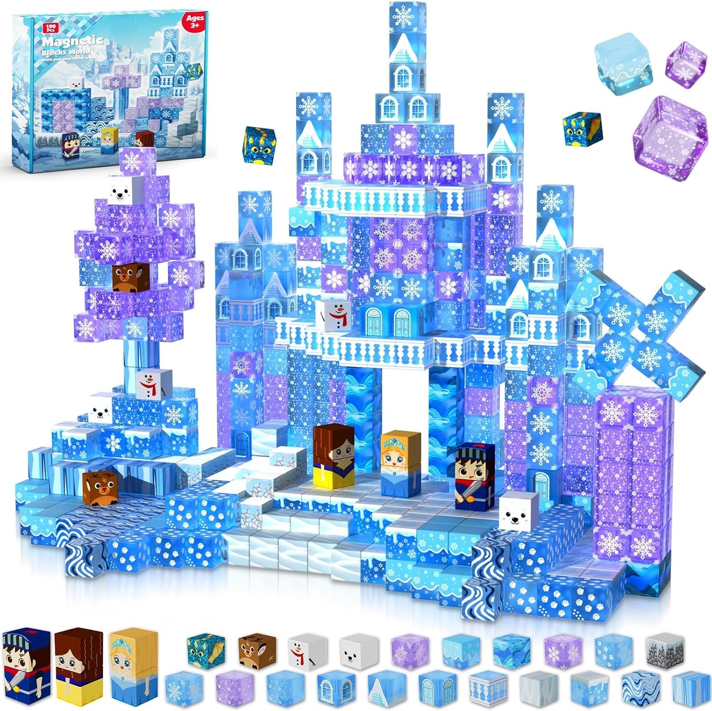 Magnetic Blocks - 100Pcs 0.8in Magnetic Building Block for Kids Ages 4-8, Transparent Magnet Block for Blue Princess Castle Build, Magnet Cubes Tiles Princess Toy for Girl 3 4 5 6 7 8-12 Birthday Gift