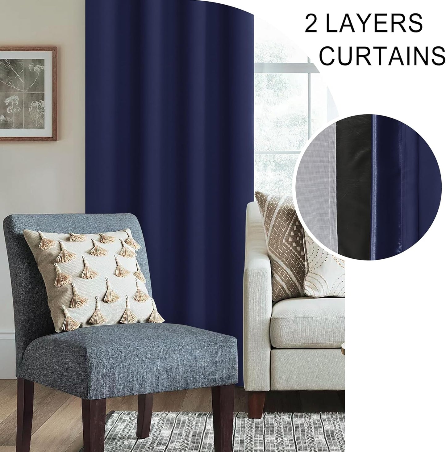 XWZO Full Shading Blackout Curtains 72 Inches Length - Heat and Light Blocking Rod Pocket Window Drapes with Black Liner Backing for Bedroom Sewn with Tiebacks, Navy Blue, W52 x L72, Set of 2