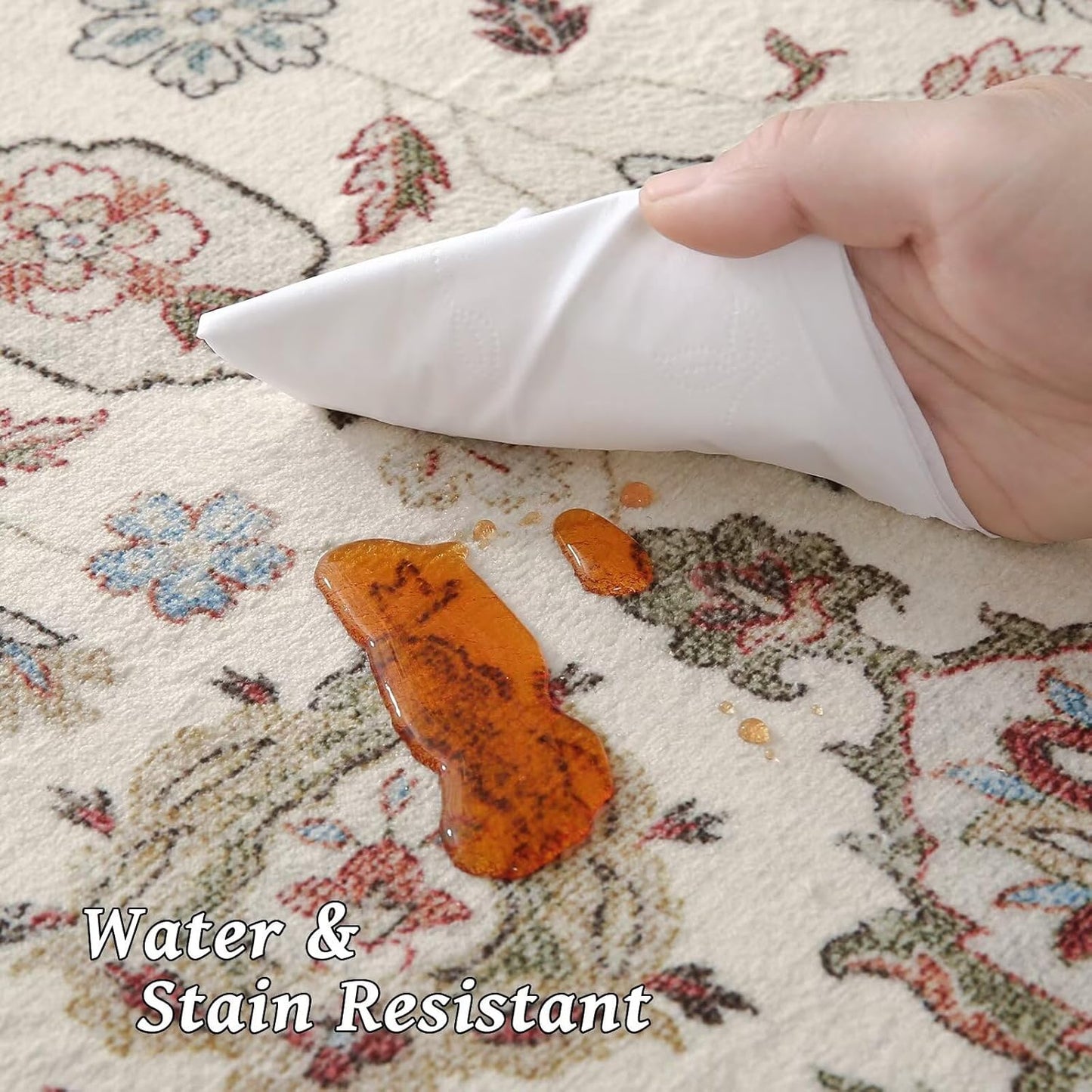 Washable 4x6 Rugs for Living Room, Boho Non-Slip Silicone Backing Small Rugs for Bedroom Nursery Office, 0.3" Neutral Oriental Throw Carpet with 0.16" Cushioning Pad, Light Beige/Multi