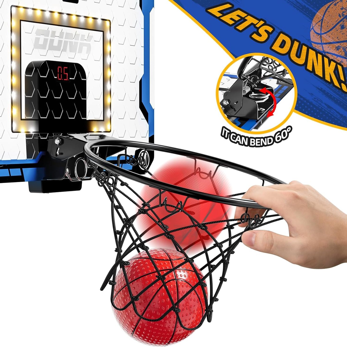 Indoor Basketball Hoop for Kids, Over The Door Mini Basketball Hoops, LED Light Mini Hoop with Scoreboard & 4 Balls, Kids Basketball Hoop Sport Toys Gifts for 5 6 7 8 9 10 11 12+Year Old Boys