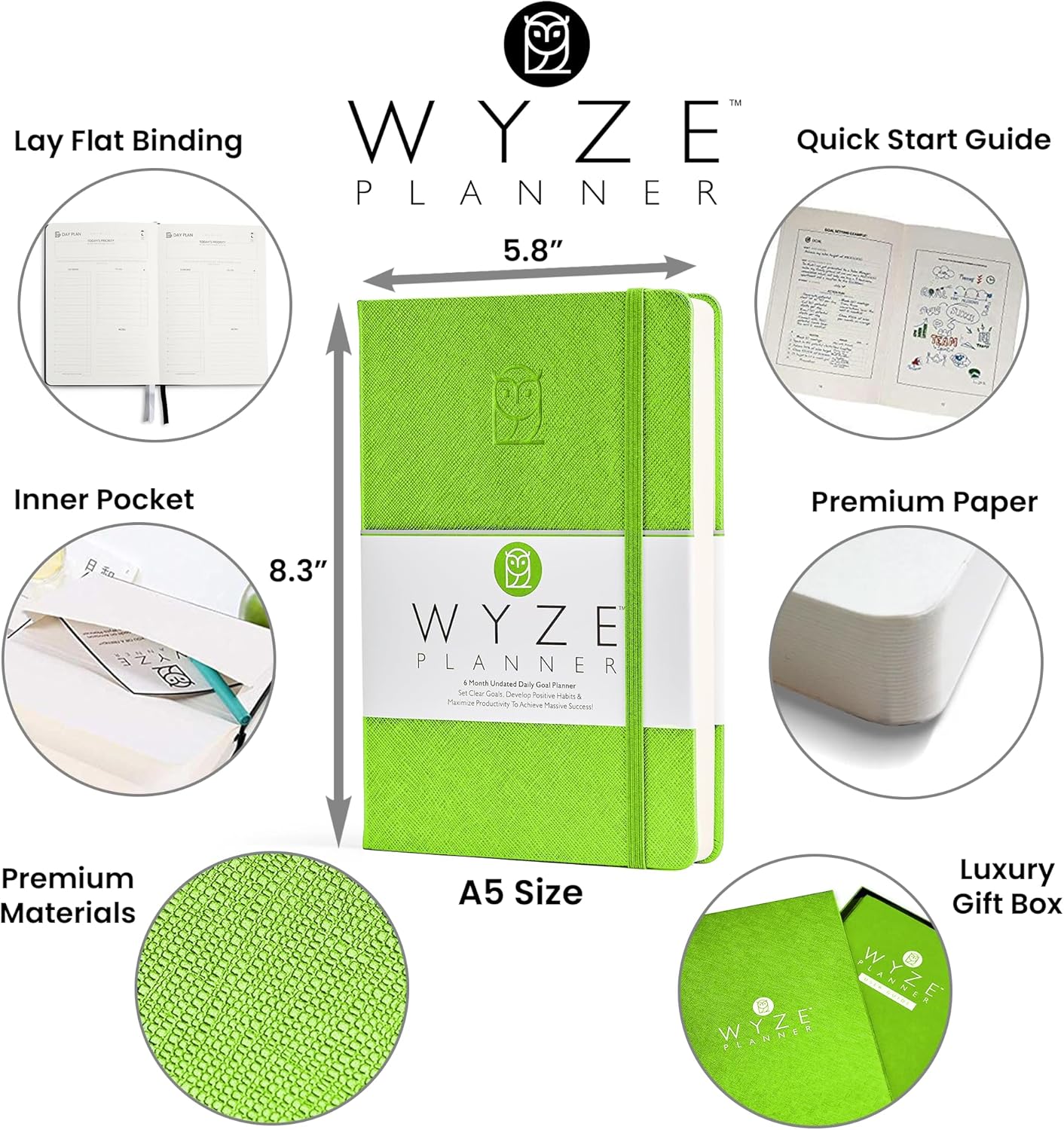 Undated Daily Planner – 6-Month A5 Productivity Organizer with Full Page Per Day, Hourly Schedule, Goal Setting, Habit Tracker, Weekly & Monthly Pages – Hardcover Time Management Notebook (Lime Green)