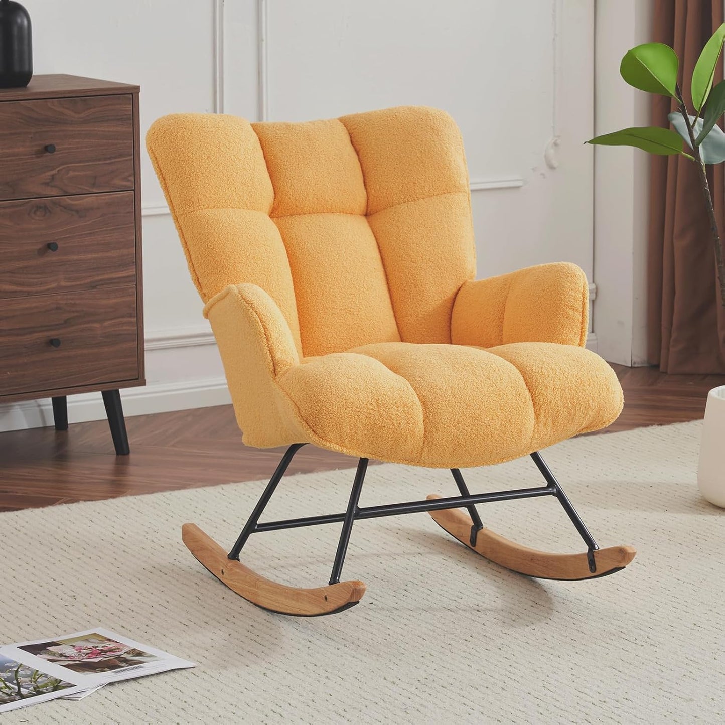 Rocking Chair Nursery Teddy Upholstered Glider Rocker Rocking Accent Chair Padded Seat with High Backrest Armchair Comfy Side Chair for Living Room Bedroom Offices (Yellow Teddy)