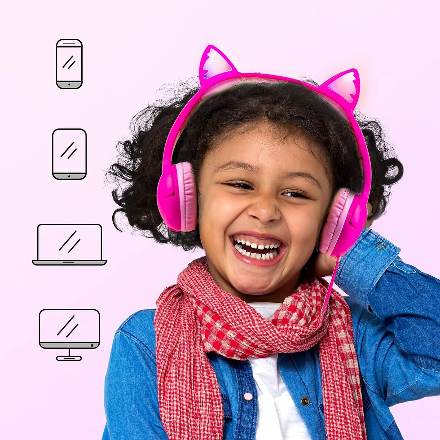 Kids Headphones with Sharing Port, Safe 85db Volume Control Light Up Cat Ear Headphones for Tablets/E-Readers, Wired Children Headphones with Microphone for School Learning Travel - Rose