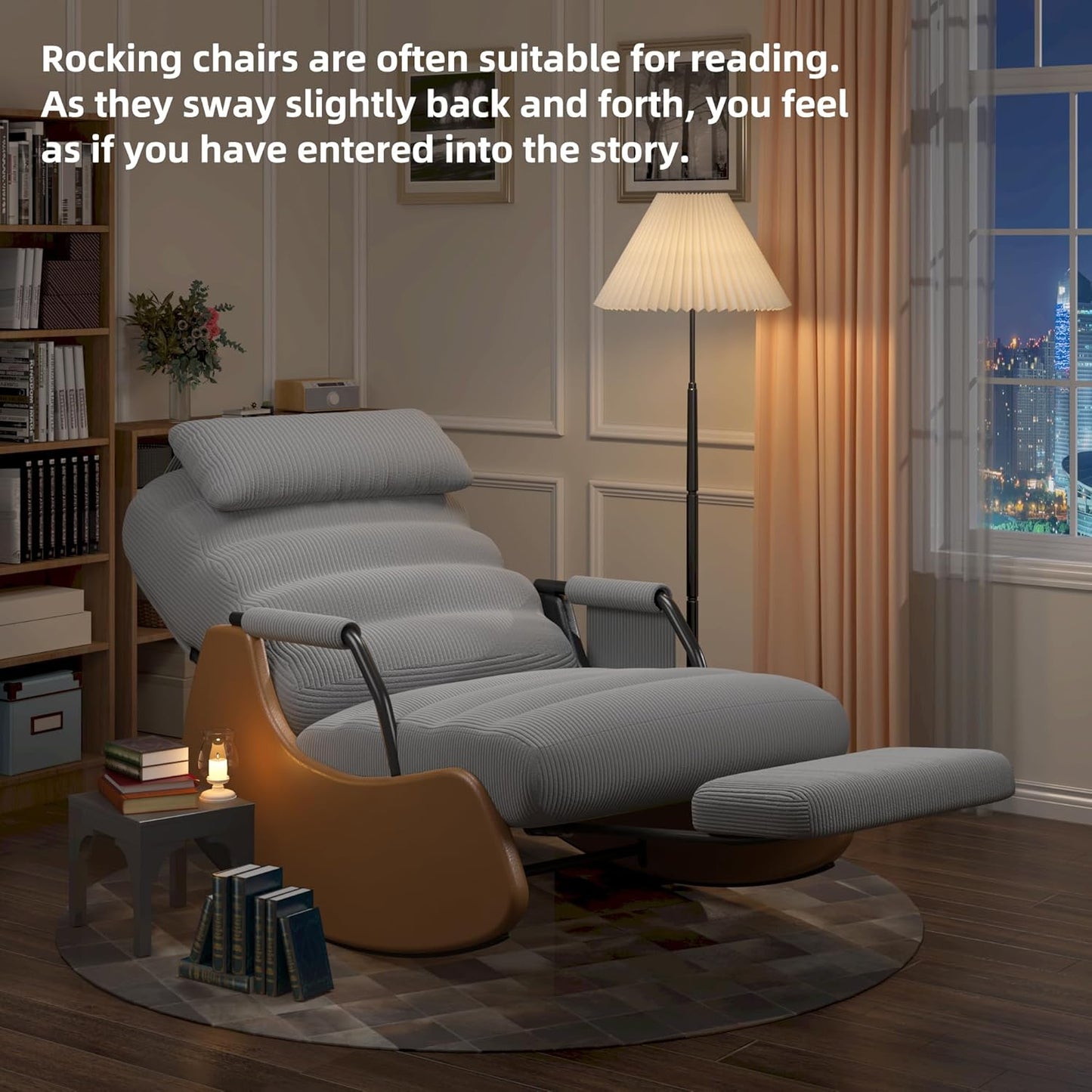 Polar Aurora Nursery Rocking Chairs with Soft Seat and Headrest,Corduroy Fabric Accent Chair with Side Pocket,Glider Rocking Chair for Bedroom/Living Room/Nursery. (Dark Grey/Brown)