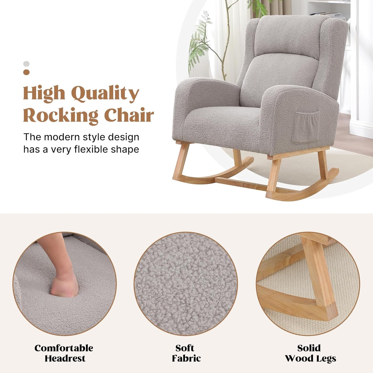 Rocking Chair Nursery, Nursing Rocking Chairs for Mom Nursery, Comfy Wingback Glider Rocking Armchair with Side Pocket for Nursery Living Room Bedroom, Teddy Light Grey