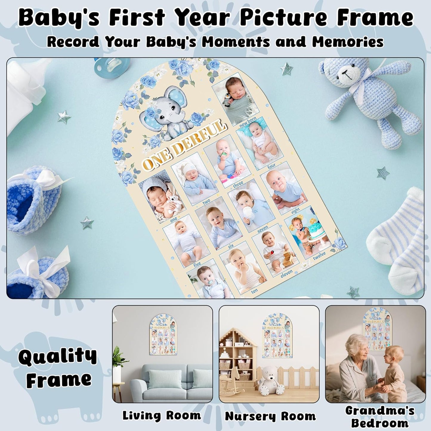 R HORSE My First Year Photo Display Wood Board - 3D Blue Elephant Baby's First Year Picture Frame, 12 Months Milestone Board Neutral Baby Keepsake Gift 1st Birthday Nursery Decor for Boy Girl