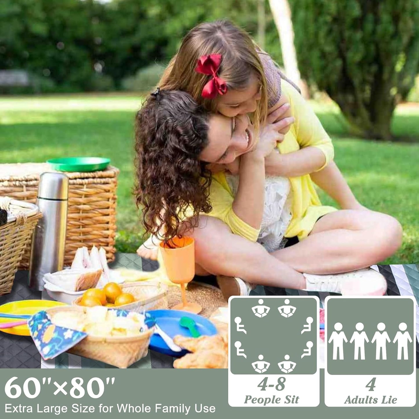 Waterproof Picnic Blanket 80" x 60" in Portable with Carry Strap for Beach Mat or Family Outdoor Camping Party, Park Blanket for Grass Park, Hiking, Travel, Concerts (Green&White, 80" x 60")