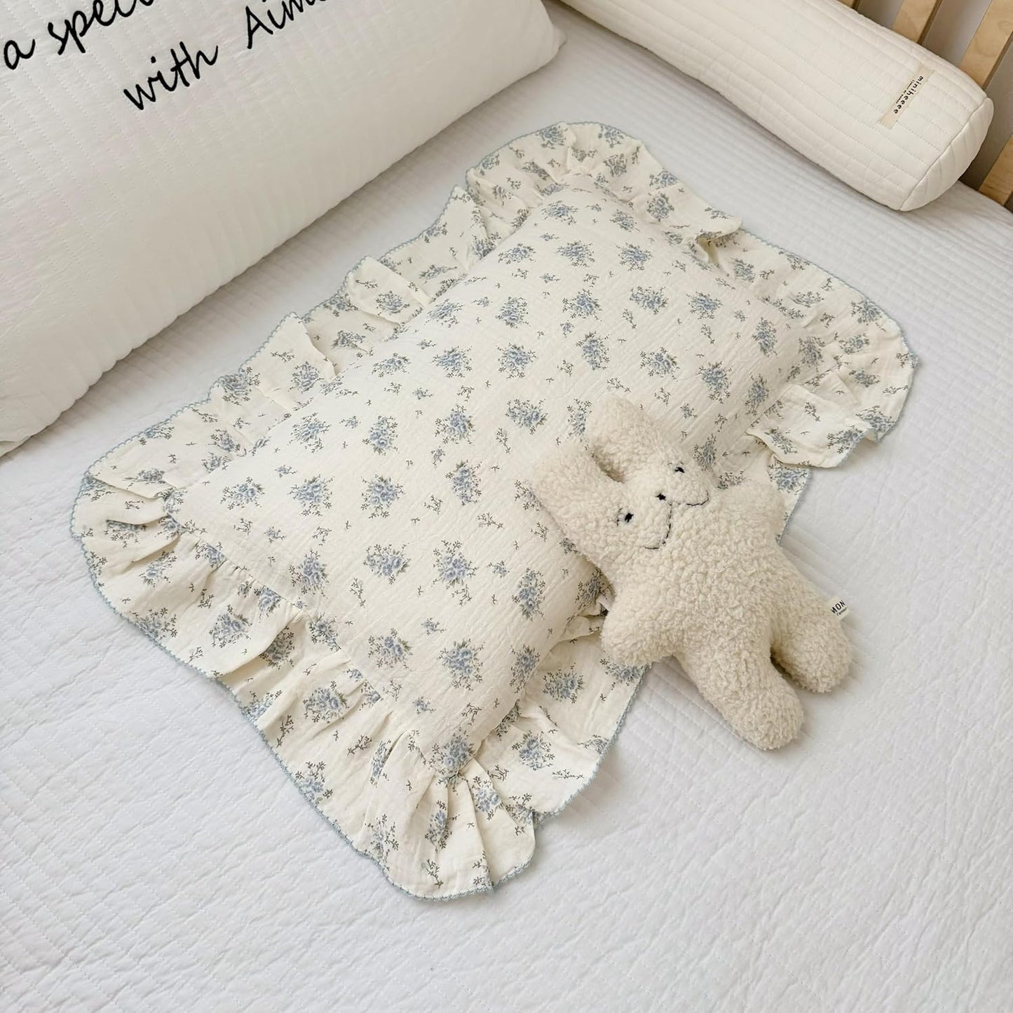 BuLuTu Cotton Muslin Toddler Pillowcases with Blue Flowers Print Soft Breathable Gauze Small Pillow Case for Toddler Boys Girls Nursery Decor, Shower Gift, 14"x20", 1 pc