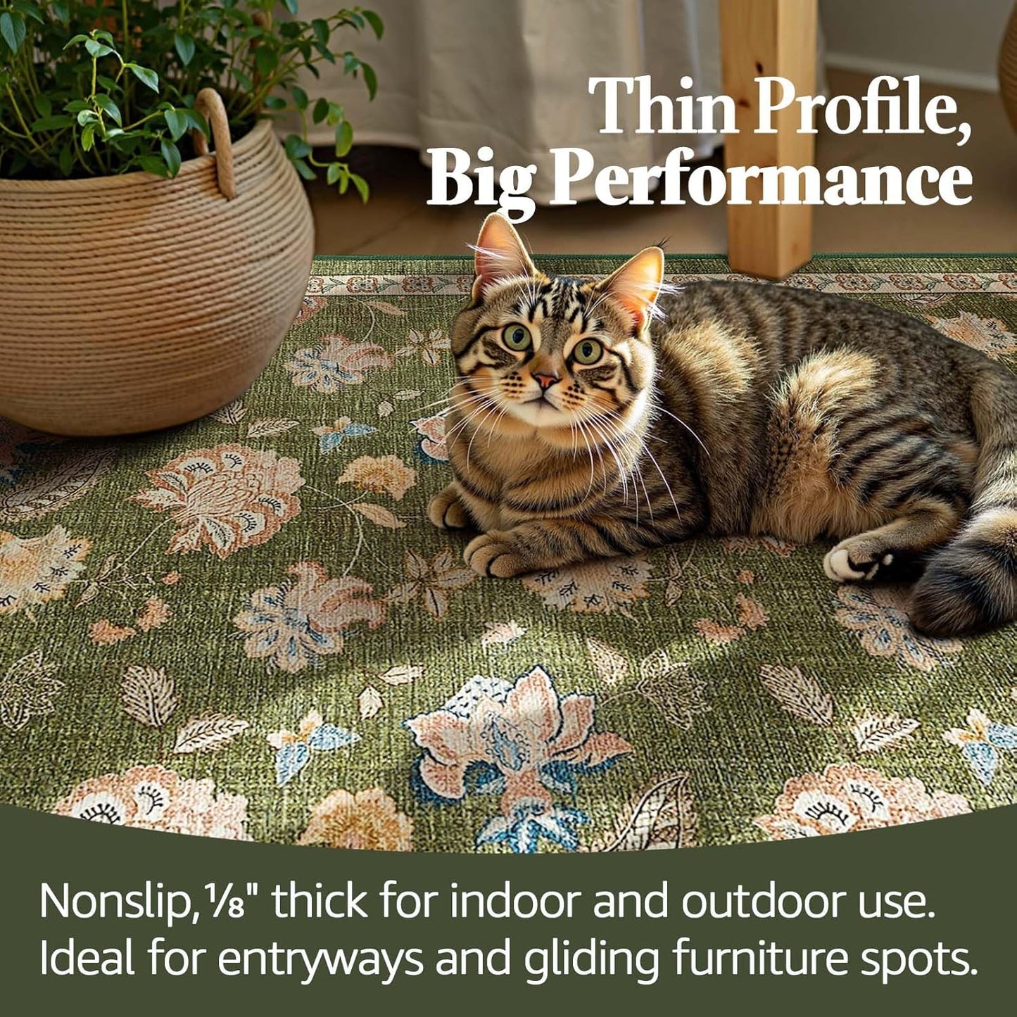 jinchan 8x10 Floral Rug for Living Room Washable Bedroom Rug Vintage Romance Design Non Slip Thin Indoor Floor Cover Large Low-Profile Throw Carpet for Dining Room Office, Green