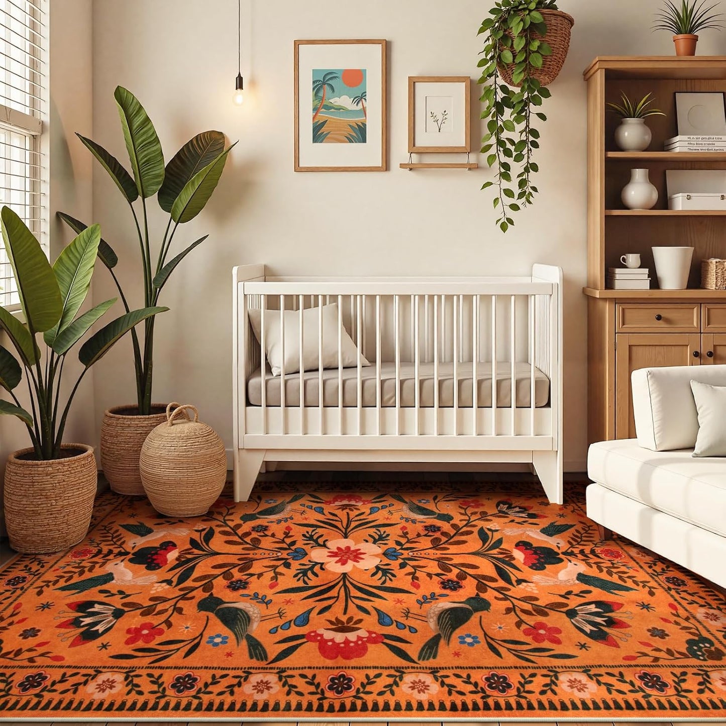 Moynesa Washable Area Rugs 5x7, Ultra Thin Soft Rugs for Living Room Bedroom Non Slip, Indoor Boho Bird Patterned Orange Floral Throw Carpet for Playroom Office Kitchen Stain Resistance