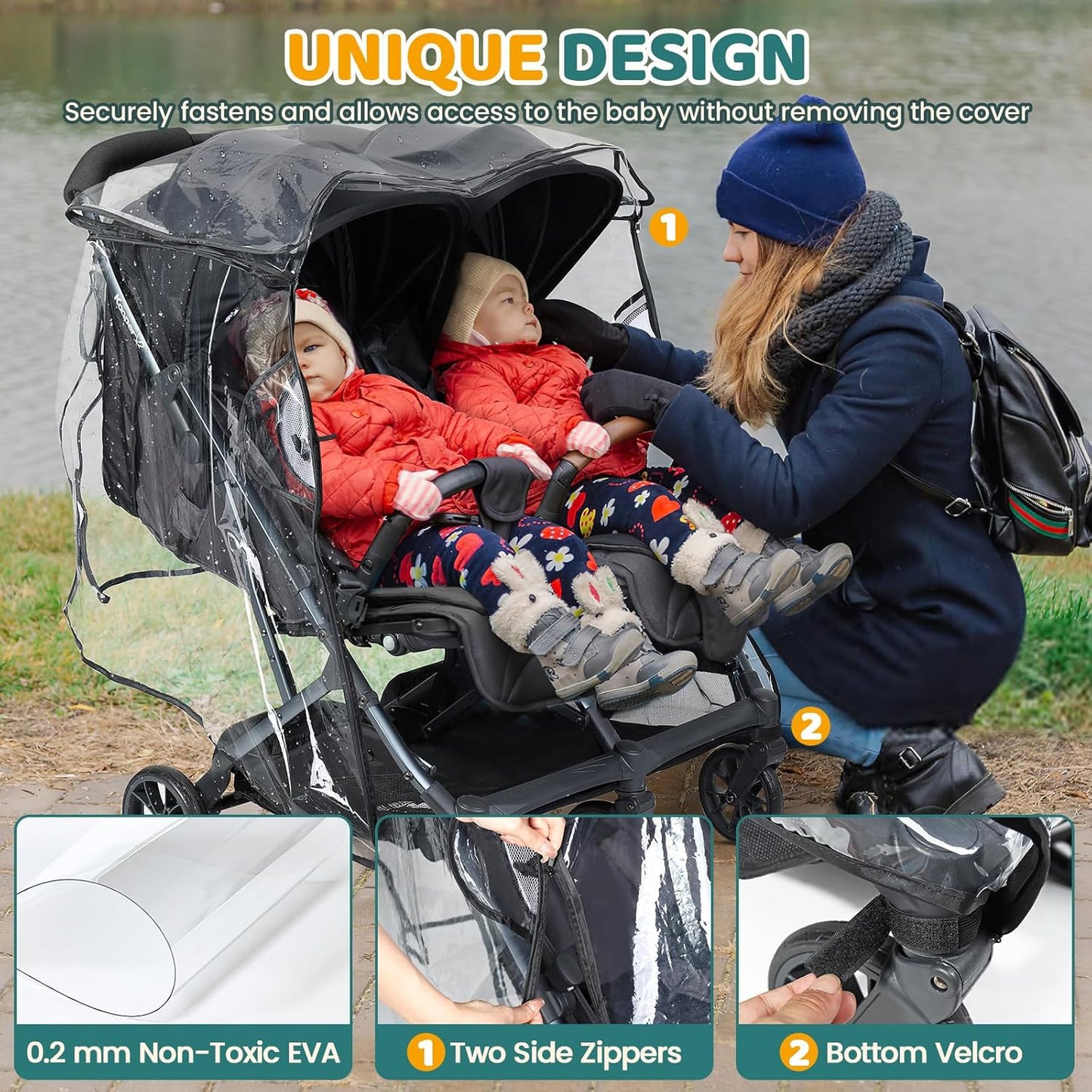 IvyWind Double Stroller Rain Cover, Universal Stroller Cover for Side by Side Baby Stroller, Breathable Weather Shield for All-Weather Protection from Rain/Snow/Dust
