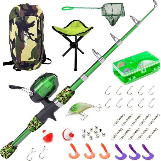 Kids Fishing Pole, Kids Portable Telescopic Fishing Rod Set, Tackle Box and Fishing Net Combo Kit, Kids Fishing Gear for Boys and Girls Age 5-10 and Youth