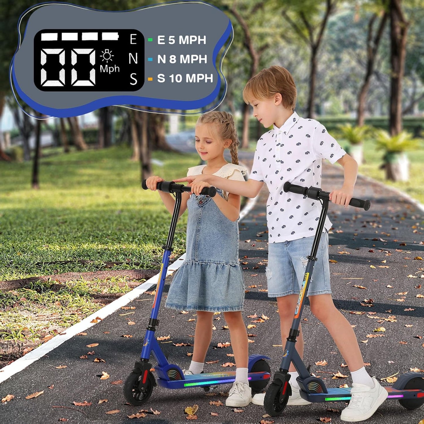 Caroma Electric Scooter for Kids Ages 6-12,150W/180WMotor,10 MPH Max Speed & 7 Miles,Colorful Lights,Adjustable Height & Speed,LED Display,Foldable Kids Electric Scooter 132 Lbs Max Load,Idea Gift