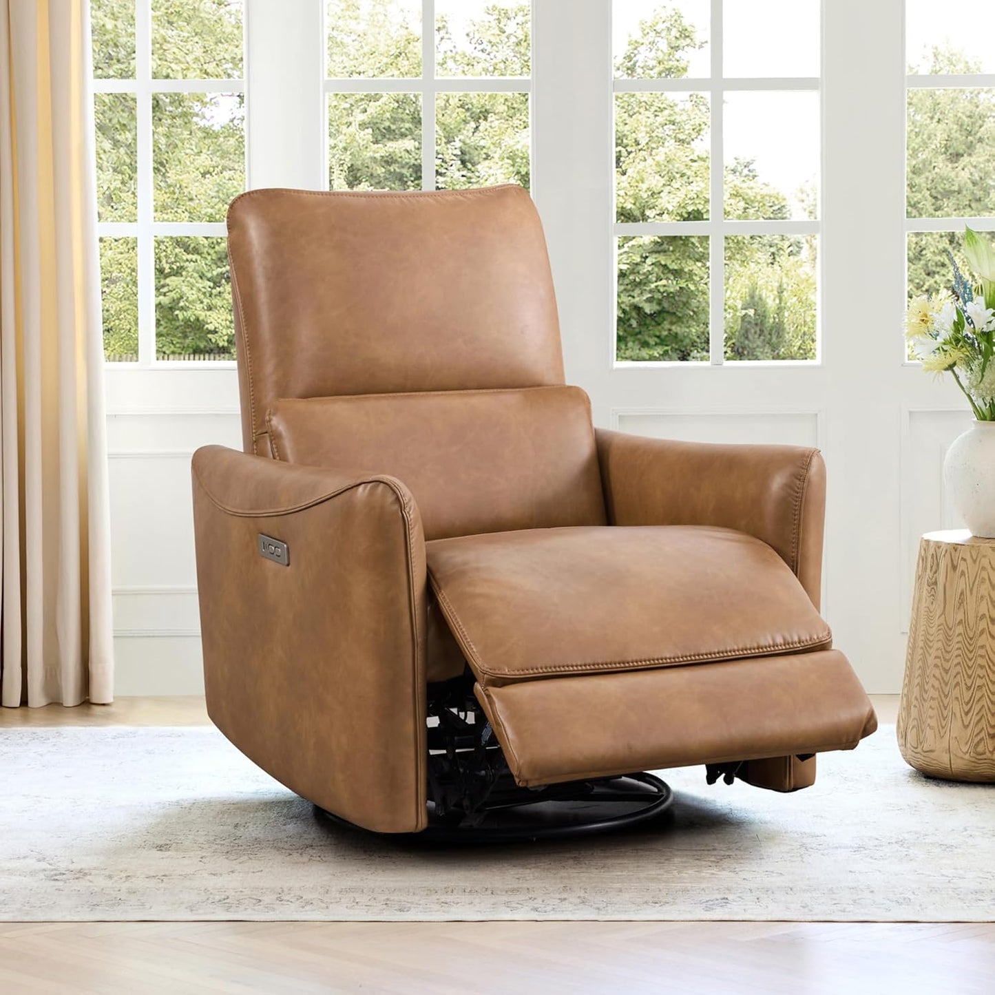 CHITA Power Recliner Chair Swivel Glider, FSC Certified Upholstered Faux Leather Living Room Nursery Reclining Sofa Chair with Lumbar Support, Cognac Brown