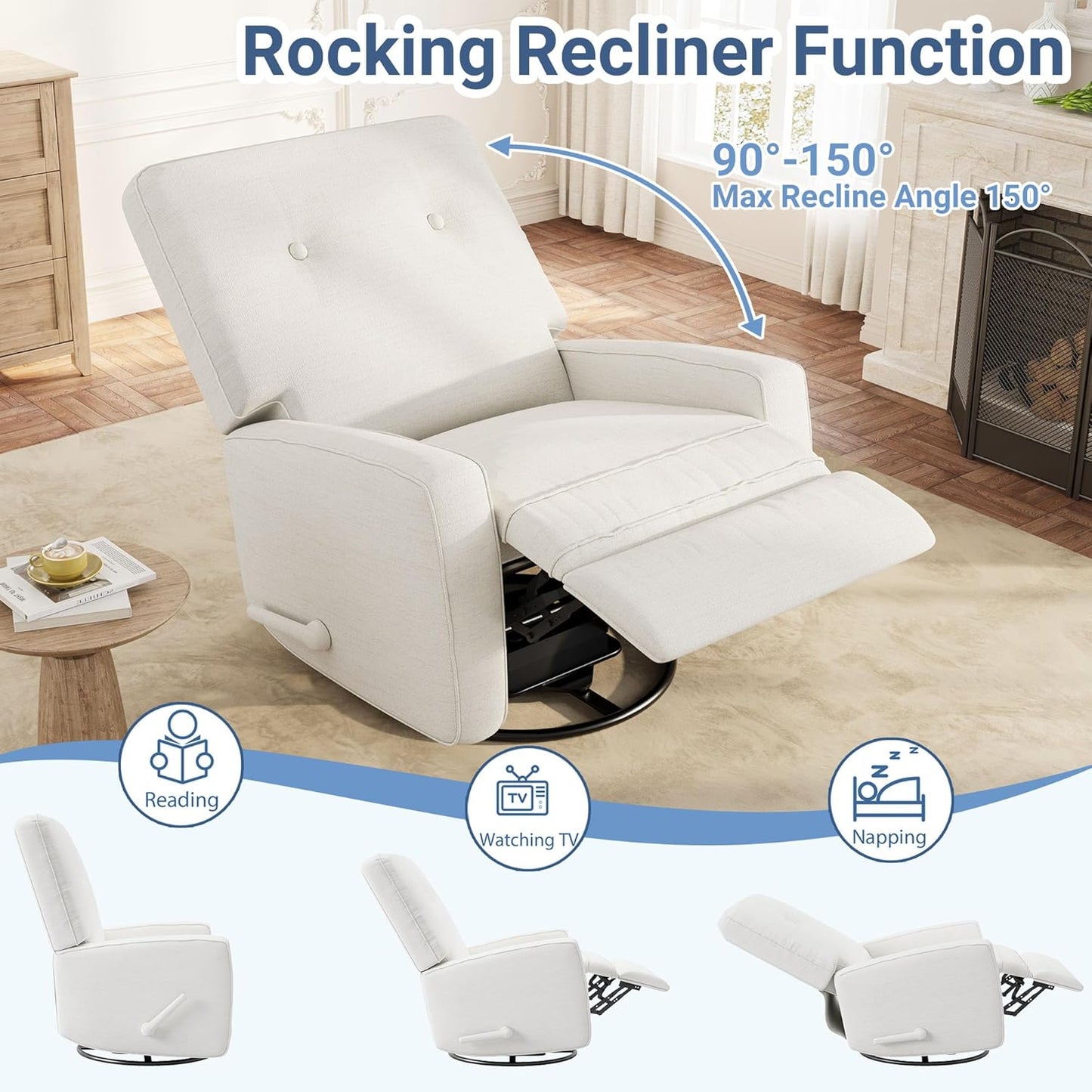 Oversized Recliner Chairs, Swivel Rocker Recline, Glider Recliner Nursery Chair, Recliner Chair for Adults, 360°Swivel Glider Rocking Chair for Living Room, Bedroom, Office, RV, Linen, White