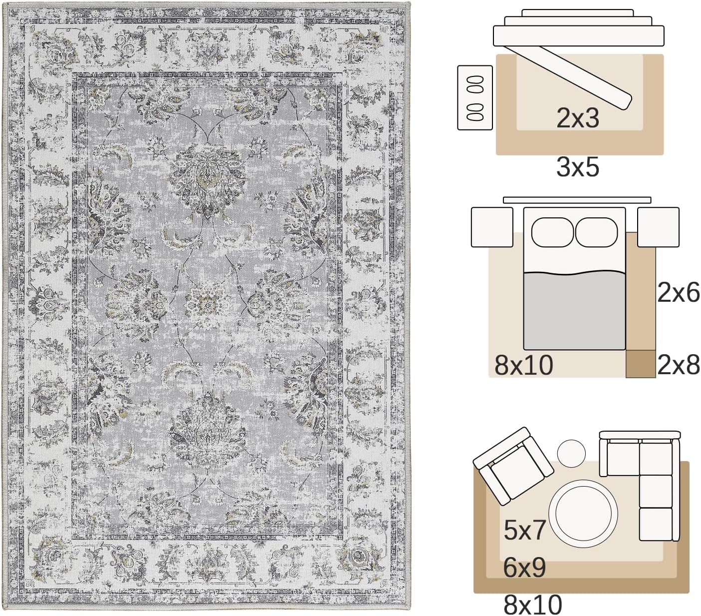 jinchan Vintage Floral 6x9 Area Rugs for Living Room - Machine Washable Distressed Design Stain Resistant Boho Carpet Ultra-Thin Low Pile Non-Slip Rug for Bedroom Dining Room Home Office (6‘x9',Grey)
