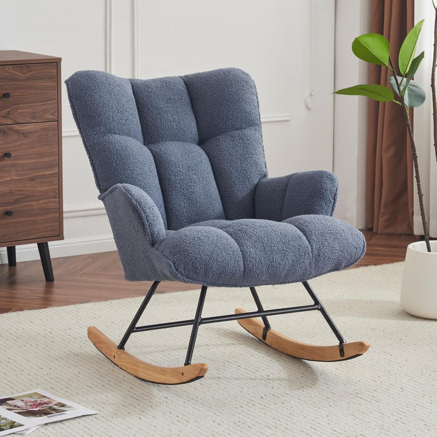 Rocking Chair Nursery Teddy Upholstered Glider Rocker Rocking Accent Chair Padded Seat with High Backrest Armchair Comfy Side Chair for Living Room Bedroom Offices (Steelblue Teddy)