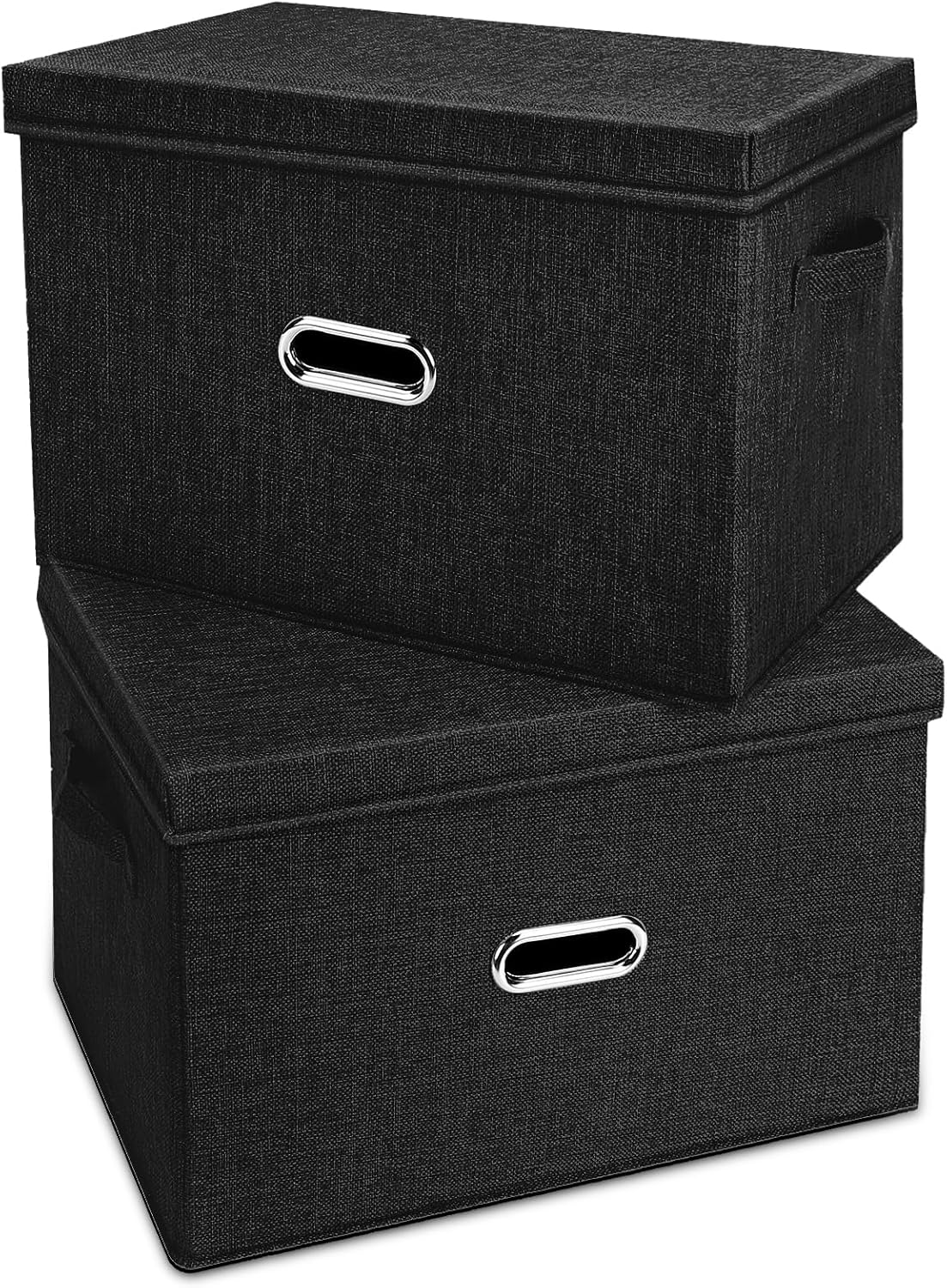 Large Linen Fabric Foldable Storage Bins with Removable Lid and Handles, Washable Storage Box Organizer Containers Baskets Cube with Cover for Bedroom,Office(Black, Extra Large(2-Pack))