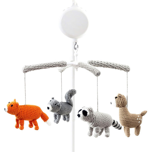 Joliecraft Jungle Animals Musical Baby Mobile for Crib, Handmade Nursery Crib Mobile in Gray, tan, Orange
