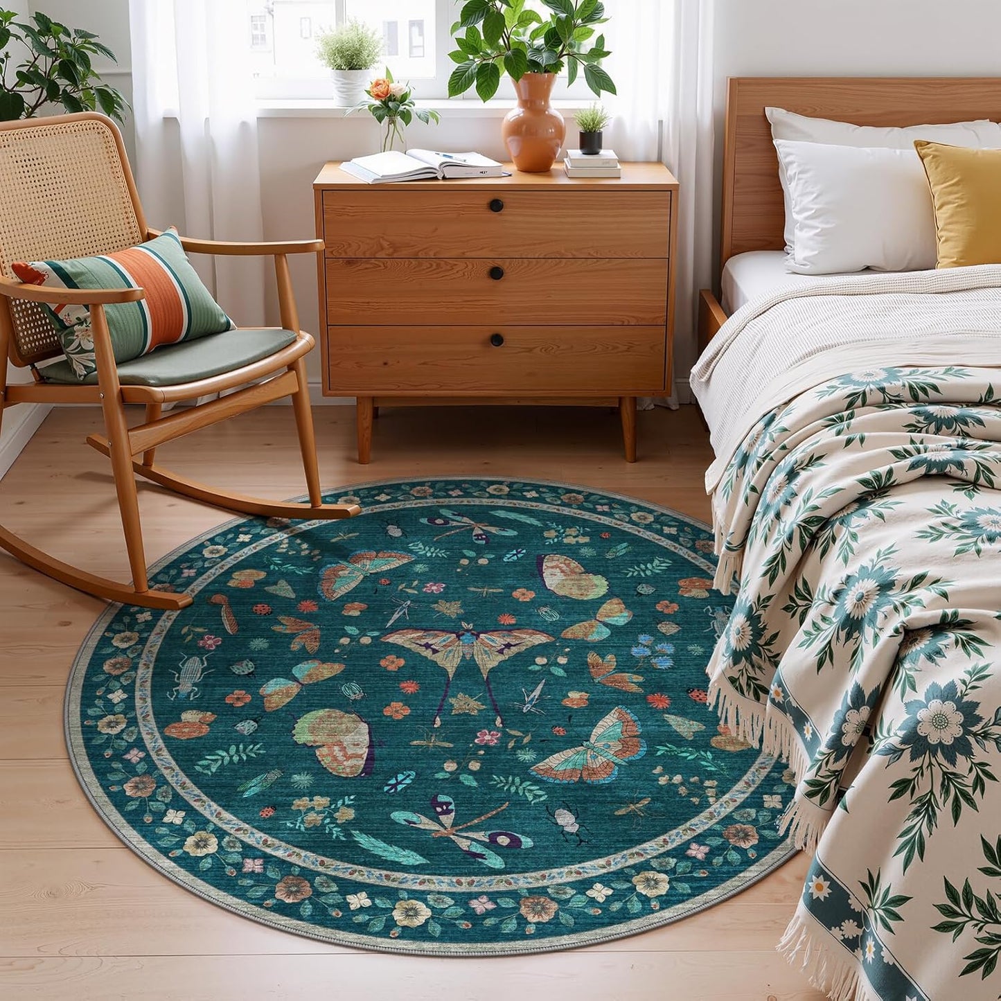 4ft Washable Round Rug - Bug Rugs for Living Room Non-Slip Low Pile Soft Ultra-Thin Machine Washable Circle Carpet for Bedroom, Entryway, Nursery, Kitchen, Home Office (4' Round Teal)