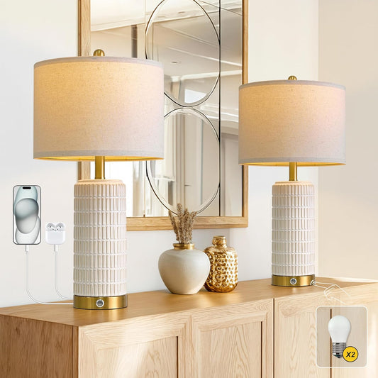 PoKat Touch Bedside Table Lamps with USB Ports for Bedroom, 25'' Dimmable Nightstand Touch Lamps for Living Room, Modern Ceramic Lamps for Night Stands Bedroom, Office, Nursery, White and Beige