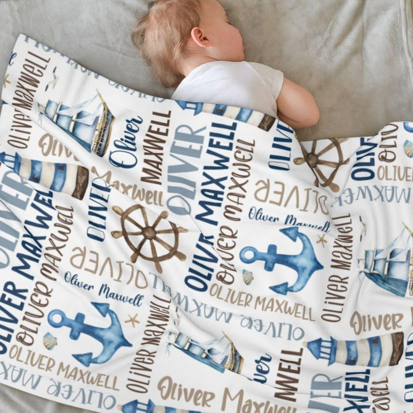 Personalized Baby Blanket for Boys, Custom Baby Blanket with Name, Nautical Blanket Sailboat Anchor Baby Blanket, Nautical Swaddle Blanket for Toddlers Kids Newborn
