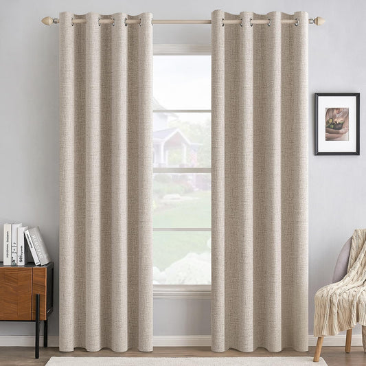 MIULEE 100% Blackout Linen Textured Curtains for Bedroom Solid Thermal Insulated Natural Grommet Room Darkening Curtains & Drapes Luxury Decor for Living Room Nursery 52 x 84 Inch (2 Panels)