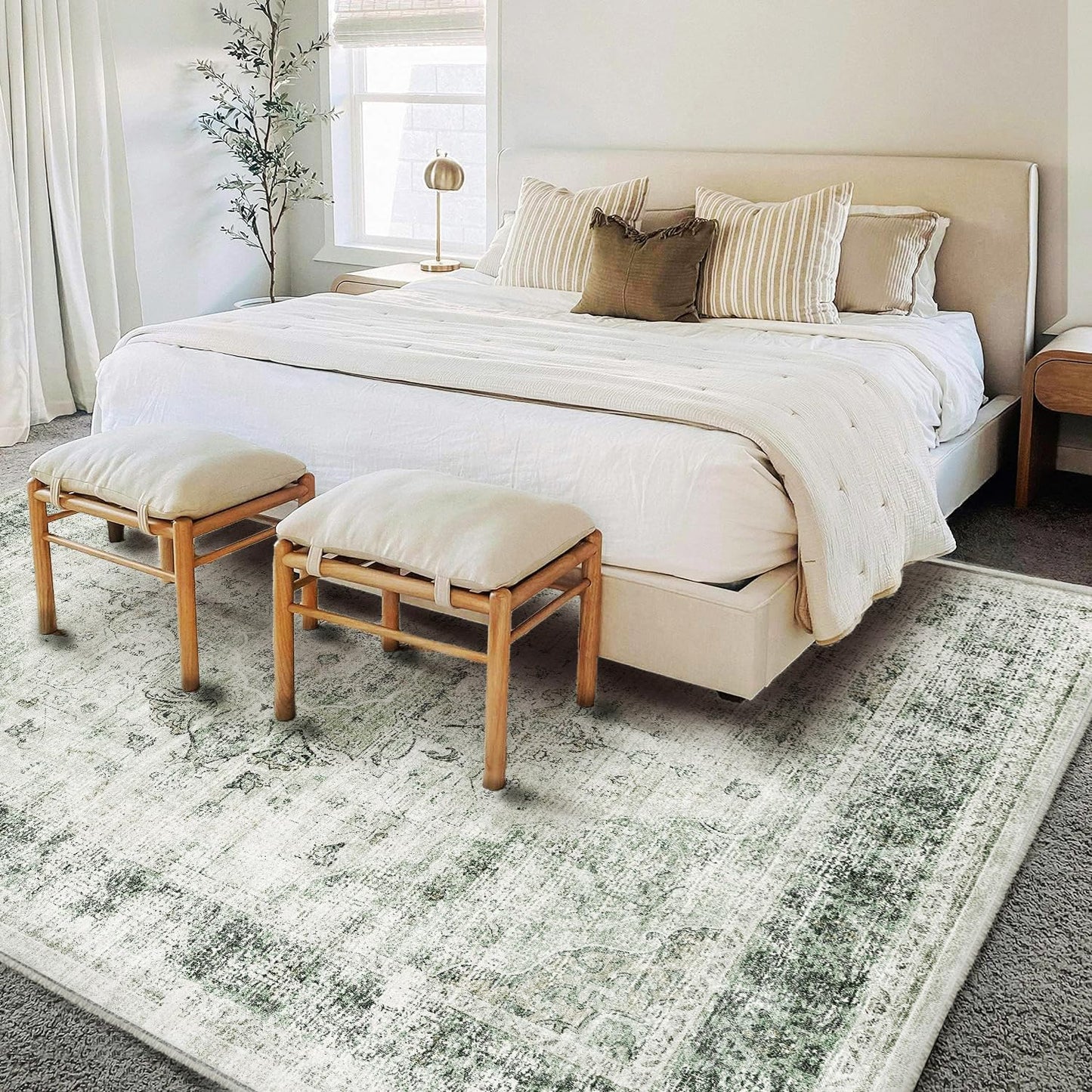 Area Rug 6'x9' Washable Floral Green Vintage Traditional Floor Cover Thin Retro Kitchen Indoor Distressed Non Slip Carpet for Living Room Bedroom Dining Room