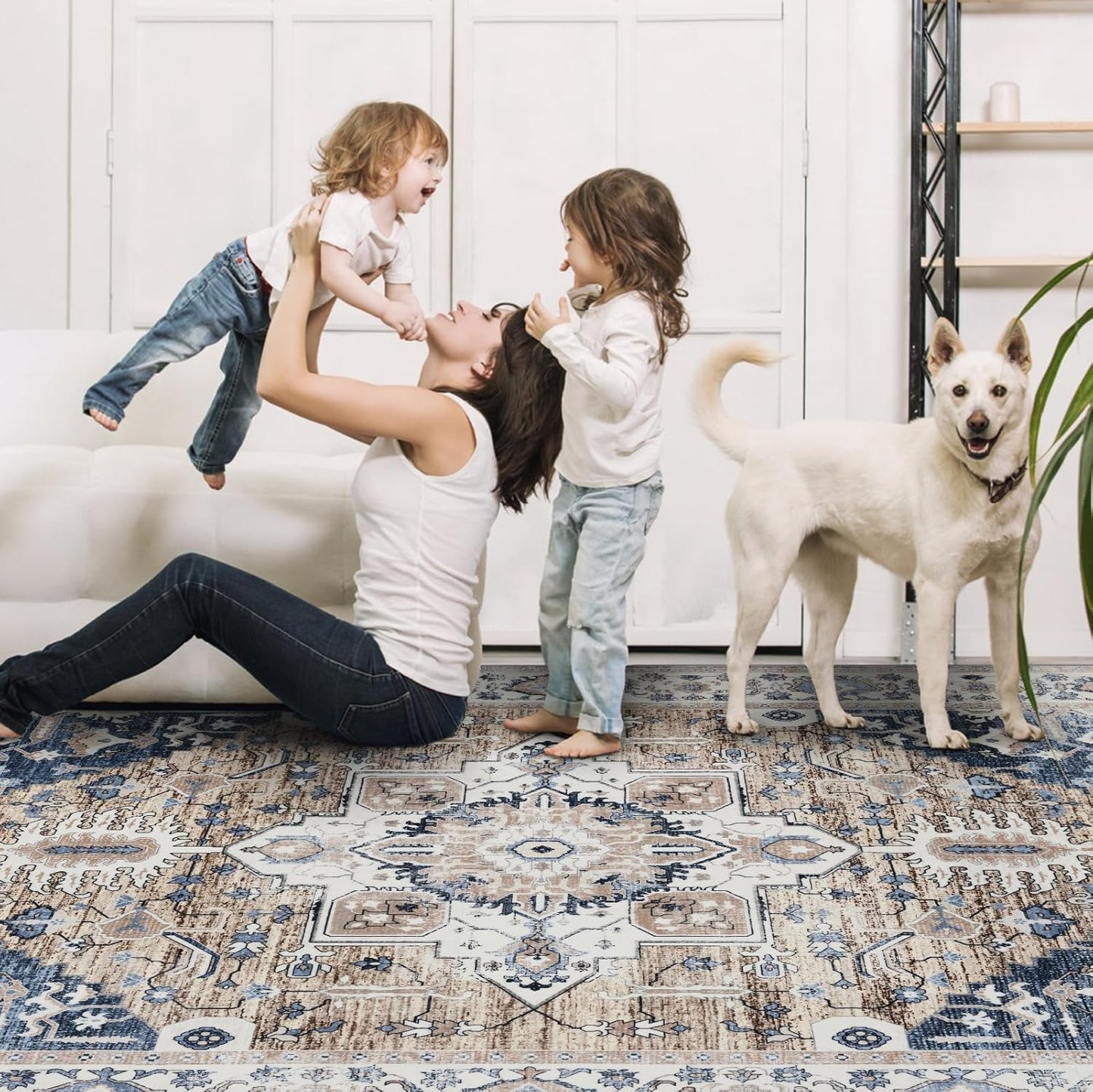 Washable Area Rugs 8x10, Large Rugs for Living Room, Carpet for Bedroom, Soft Faux Wool Retro Dining Room Rug, Non-Slip Backing Resistant Low Pile Vintage Print Rug for Home Office (Taupe/Blue)