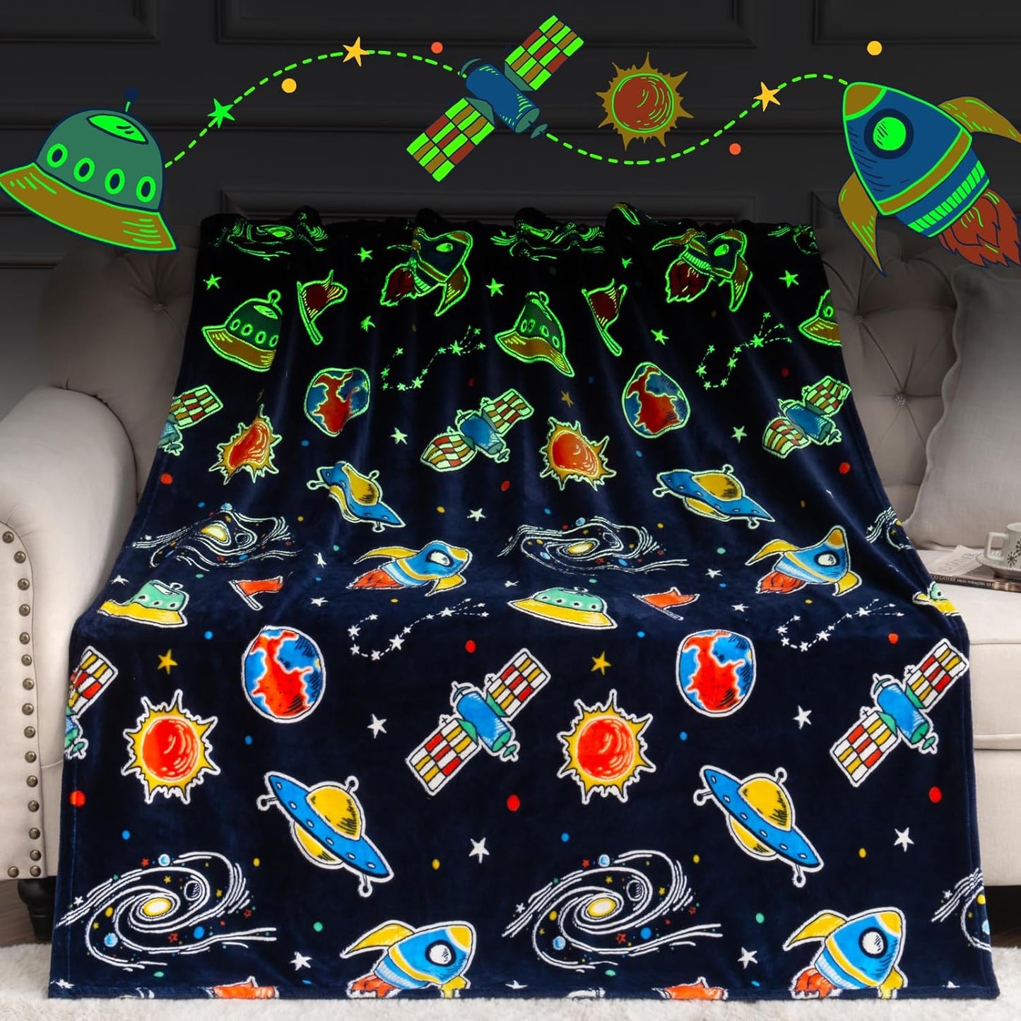 Boulou Glow in The Dark Galaxy Space Blanket Gifts for Boys Girls, Star Planet and Solar System Decor for Adult Kids, Birthday Spaceship Toys Gift for Age 3 4 5 6 7 8 9 10 Year Old for Christmas
