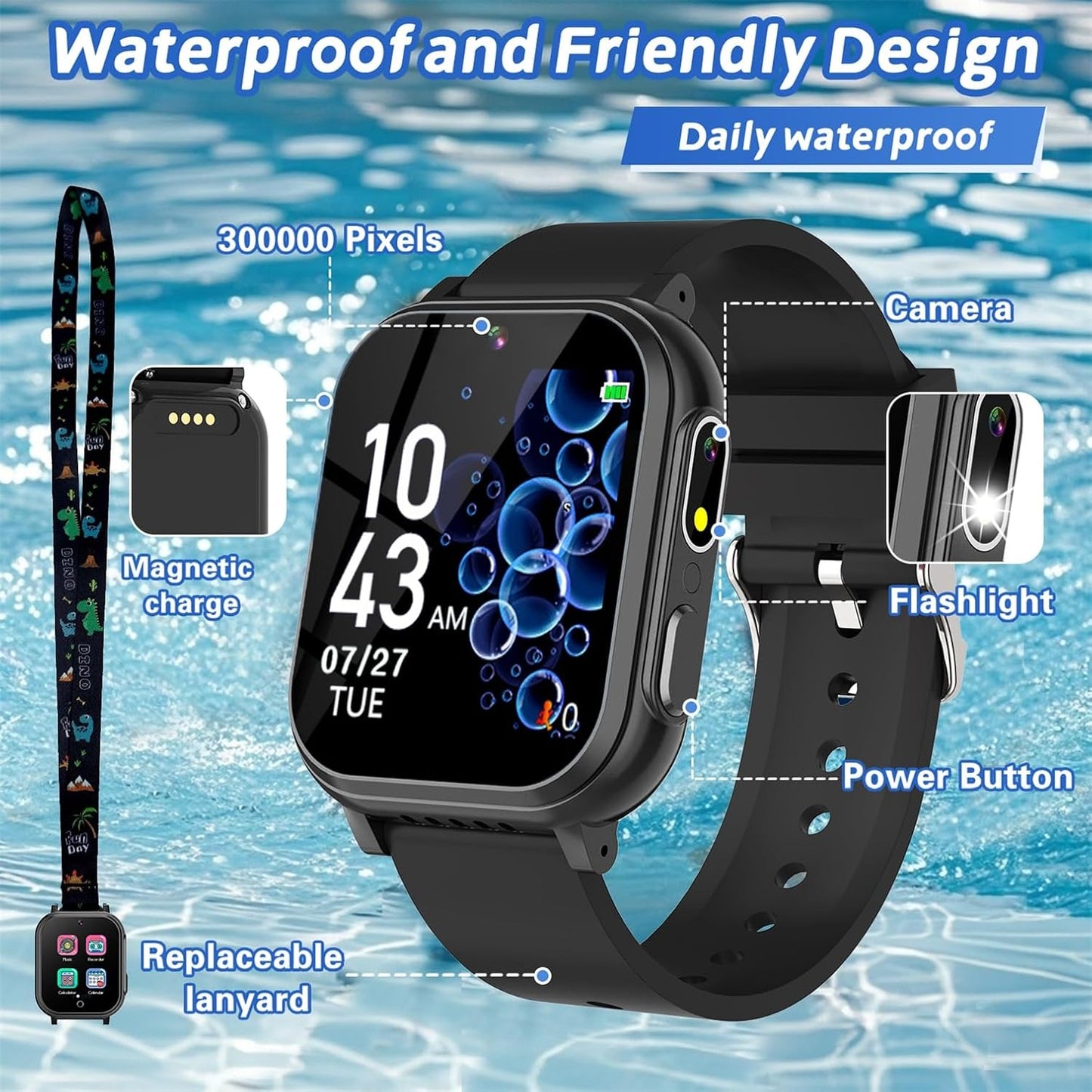 Kids Waterproof Smart Watch with 32 Games HD Touchscreen Dual Camera Music Player Pedometer Flashlight Habit Tracking Storybook, Birthday Gifts for 5-12 Year Olds Boy Include Lanyard Screen Protectors