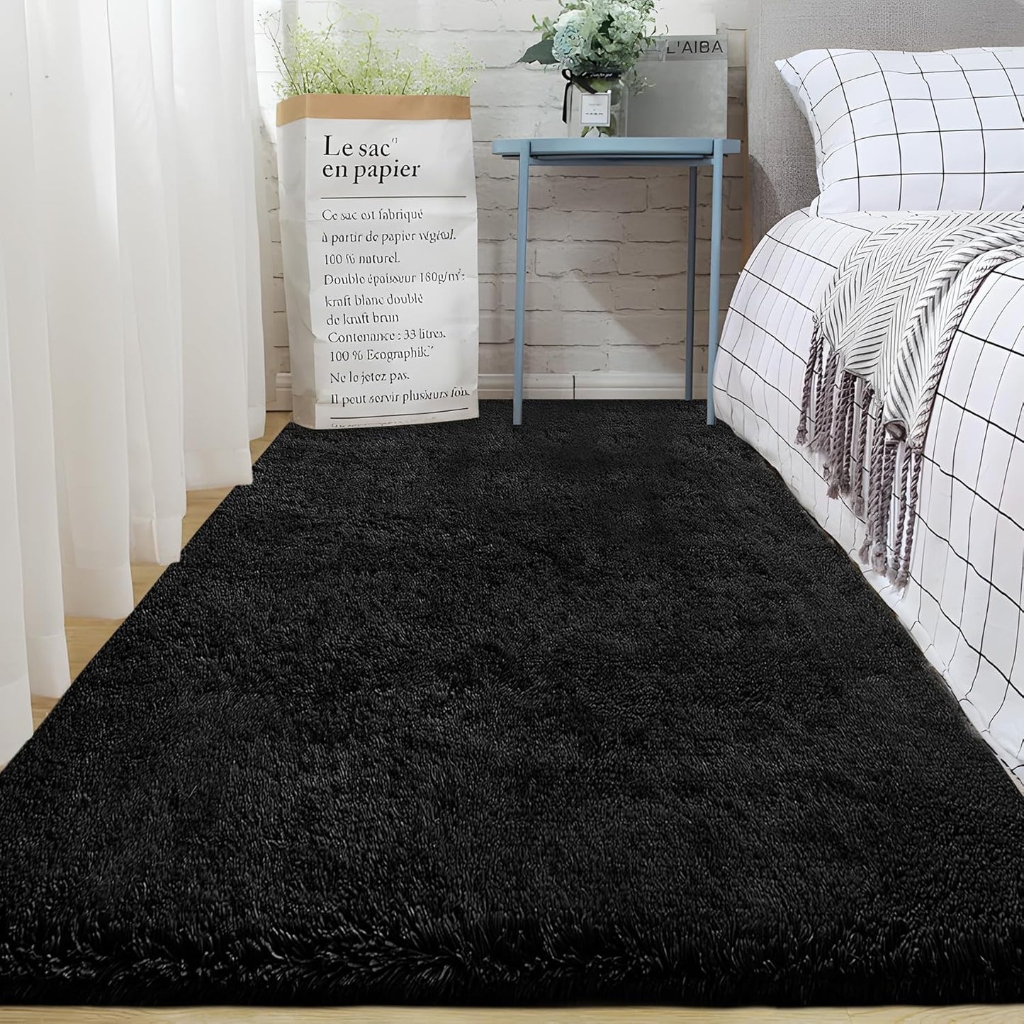 2x6 Runner Rug for Bedroom: Fluffy Shag Soft Washable Rugs Small Fuzzy Plush Indoor Carpet for Hallway Bedside Dorm Kids Girls Boys Room (Black, 2'x6')