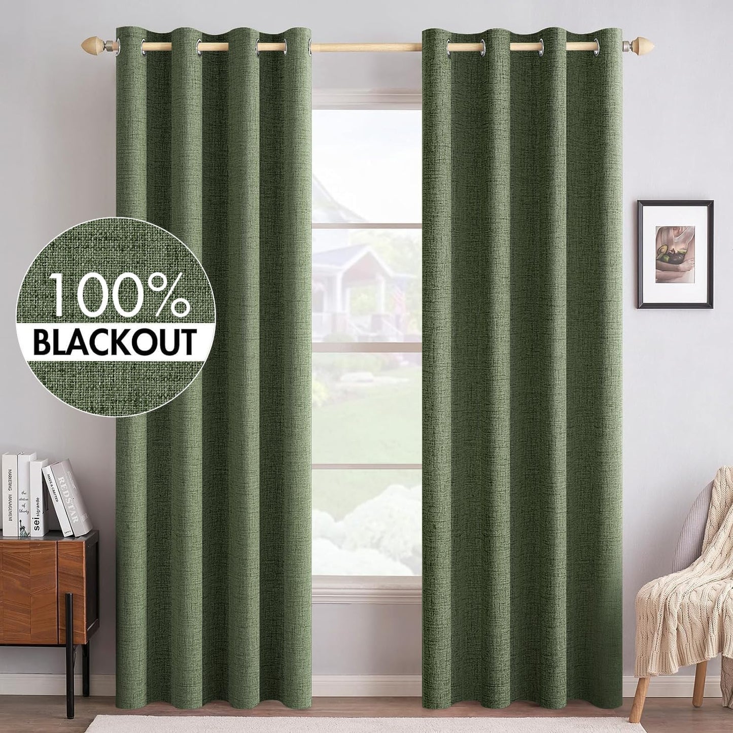 MIULEE 100% Blackout Linen Textured Curtains for Bedroom Solid Thermal Insulated Olive Green Grommet Room Darkening Curtains & Drapes Luxury Decor for Living Room Nursery 52 x 84 Inch (2 Panels)