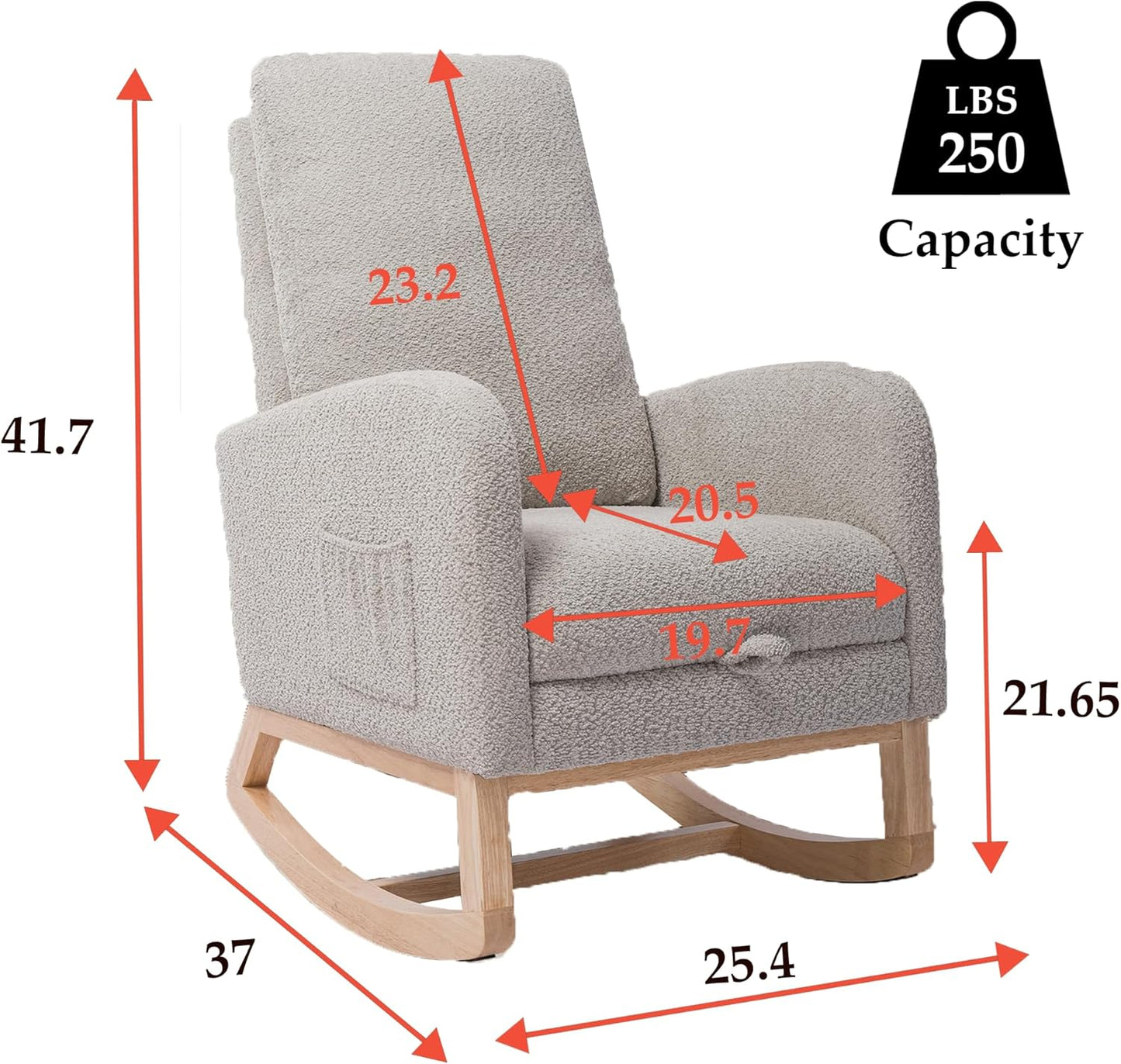 Nursery Rocking Chair with Foot Rest, Upholstered Glider Chair with Two Side Pockets, High Back Nursing Chair, Rocker Accent Armchair for Bedroom Living Room (Light Gray)