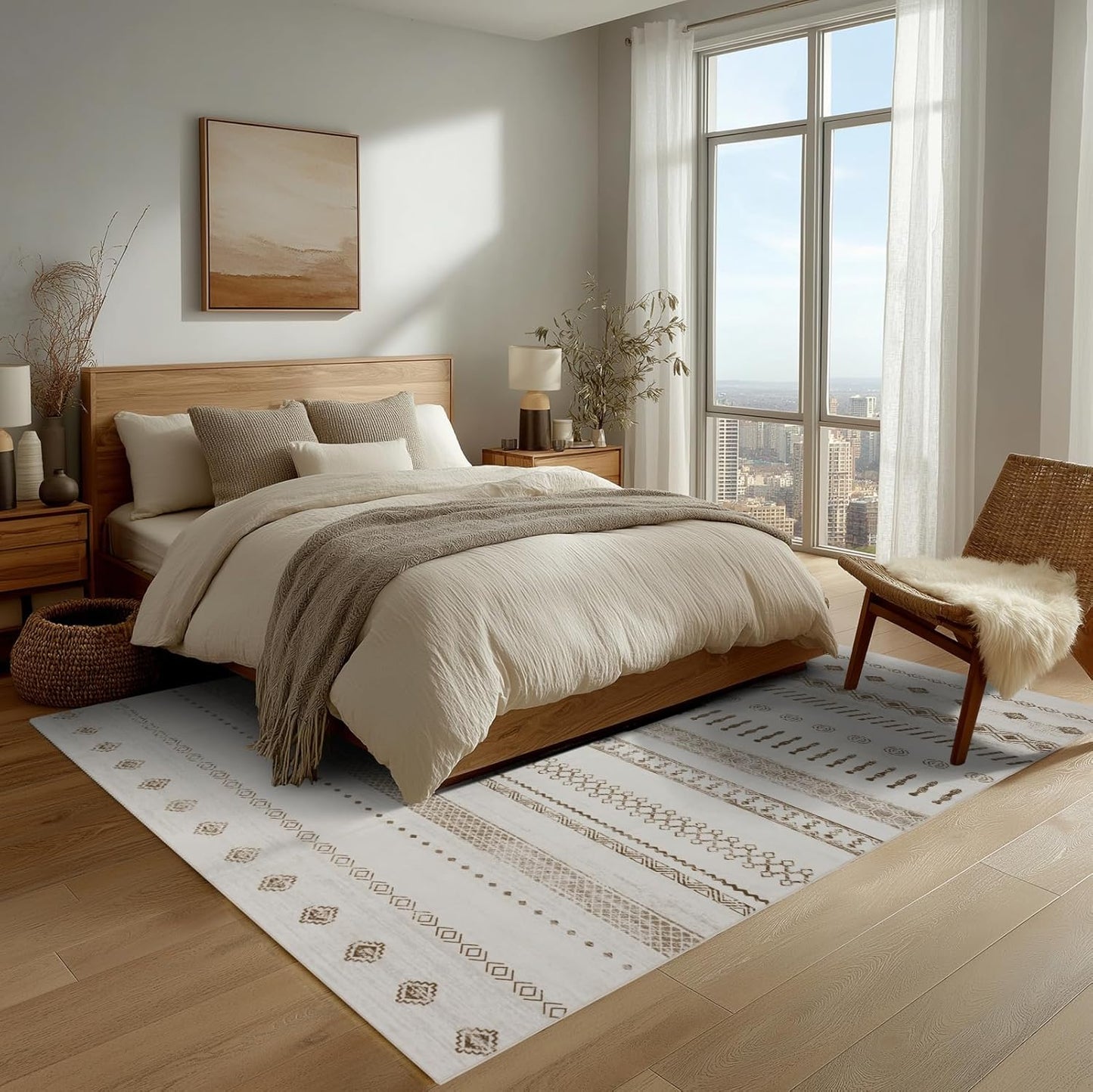 9x12 Area Rug Living Room Rugs, Boho Stain Resistant Washable Rug, Vintage Large Non-Slip Backing, Low Pile Lightweight Print Rug for Bedroom Dinning Room Home Office (Beige)