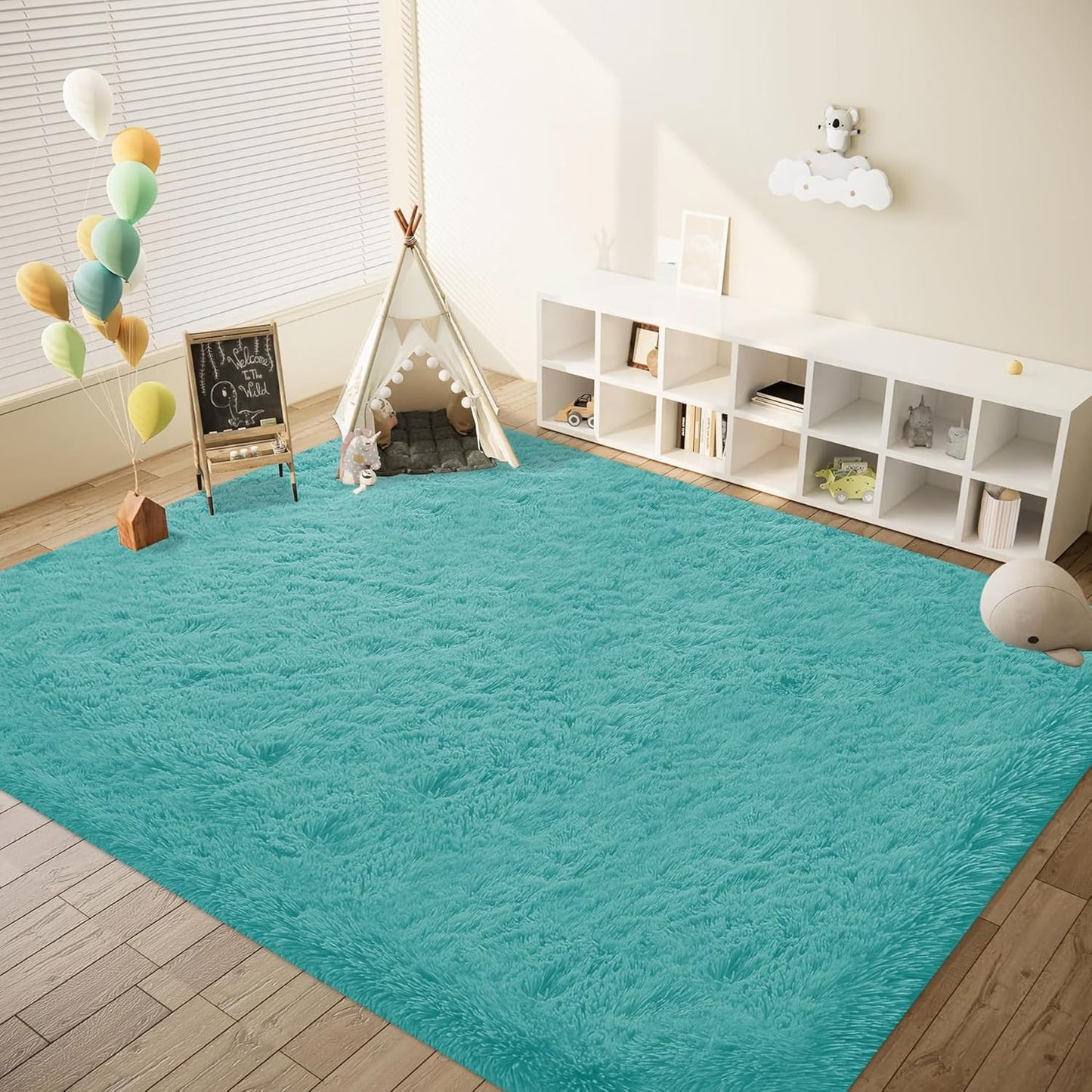 8x10 Area Rug for Living Room: Fluffy Shag Soft Washable Rugs Large Fuzzy Plush Indoor Carpet for Bedroom Nursery Playroom Kids Girls Boys Room (Teal Blue, 8'x10')
