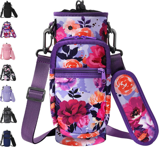 32 40 oz Water Bottle Carrier with Strap, Neoprene Water Bottle Sleeve Bag with 2 Pockets Insulated Flask Sling Holder for Walking Hiking Gym