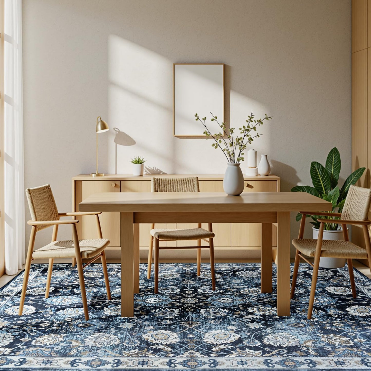 Floral 8x10 Area Rug for Living Room, Large Washable Blue Rugs, Soft Non Slip Carpets, Stain Resistant Low Pile Carpet for Indoor Dining Bedroom Under Table Home Office Nursery, Blues Garden