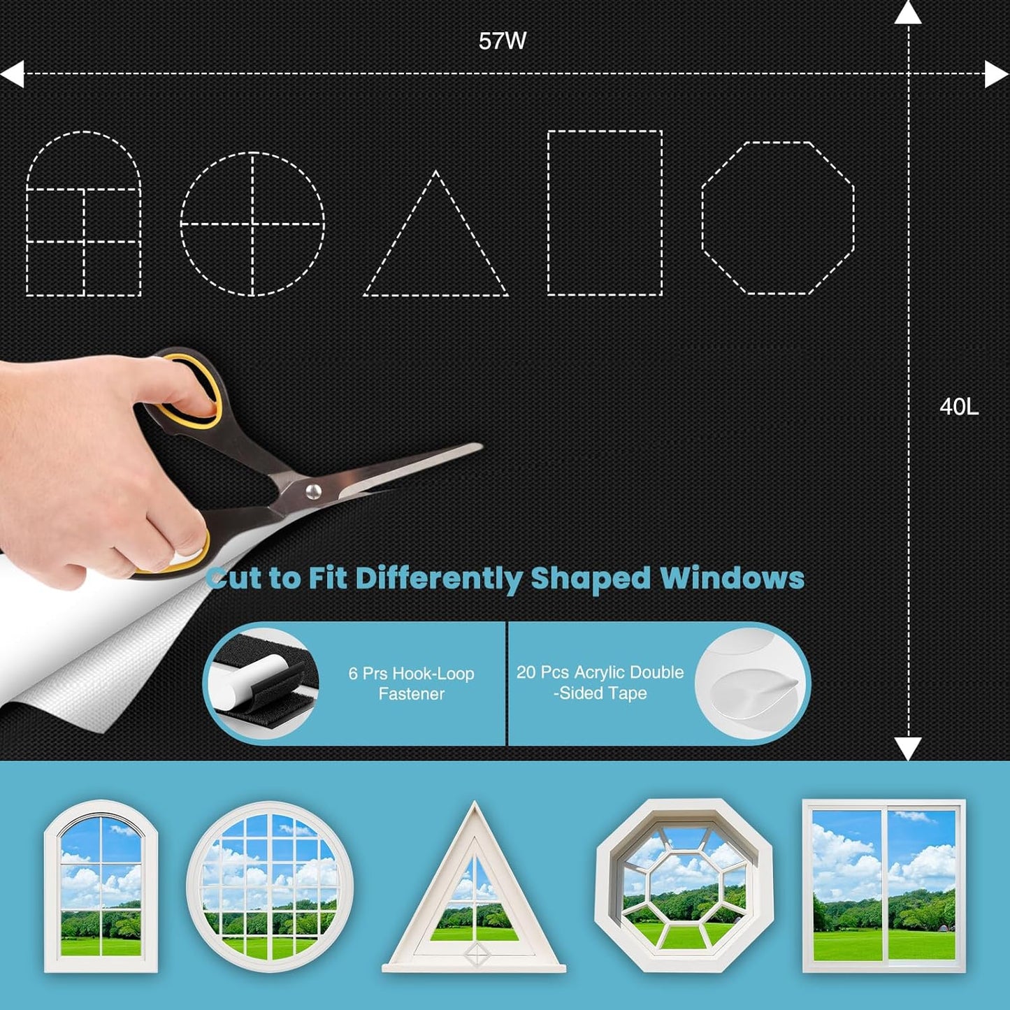 Temporary Blackout Curtains 40" x 57", 100% Blackout Shades for Window, Portable Black Out Blinds with Hook & Loop Stickers, No Drill, UV Protect Black Out Window Shades for Baby Travelers Bedroom