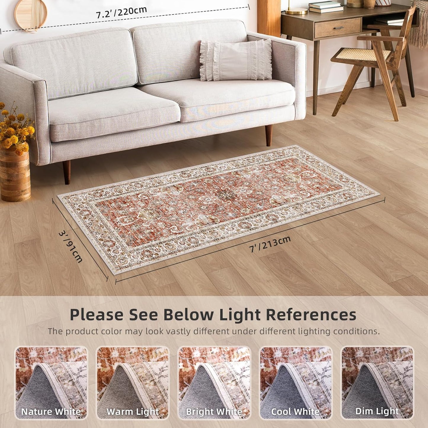 Vintage Runner Rug - 3x7 Distressed Brick Red, Non-Slip Kitchen & Bedroom Runner with Rubber Backing