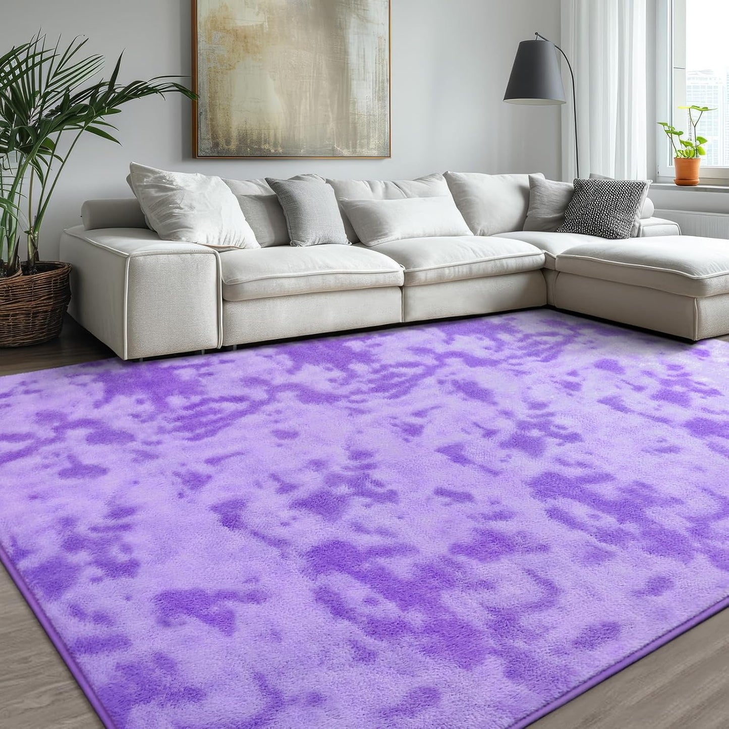 Kimicole 6x9 Washable Area Rugs for Living Room Bedroom, Large Low Pile Ulta-Thin Solid Color Rug, Non-Slip Soft Fluffy Carpet for Nursery Kids Room Dorm Room Home Decor (Purple)