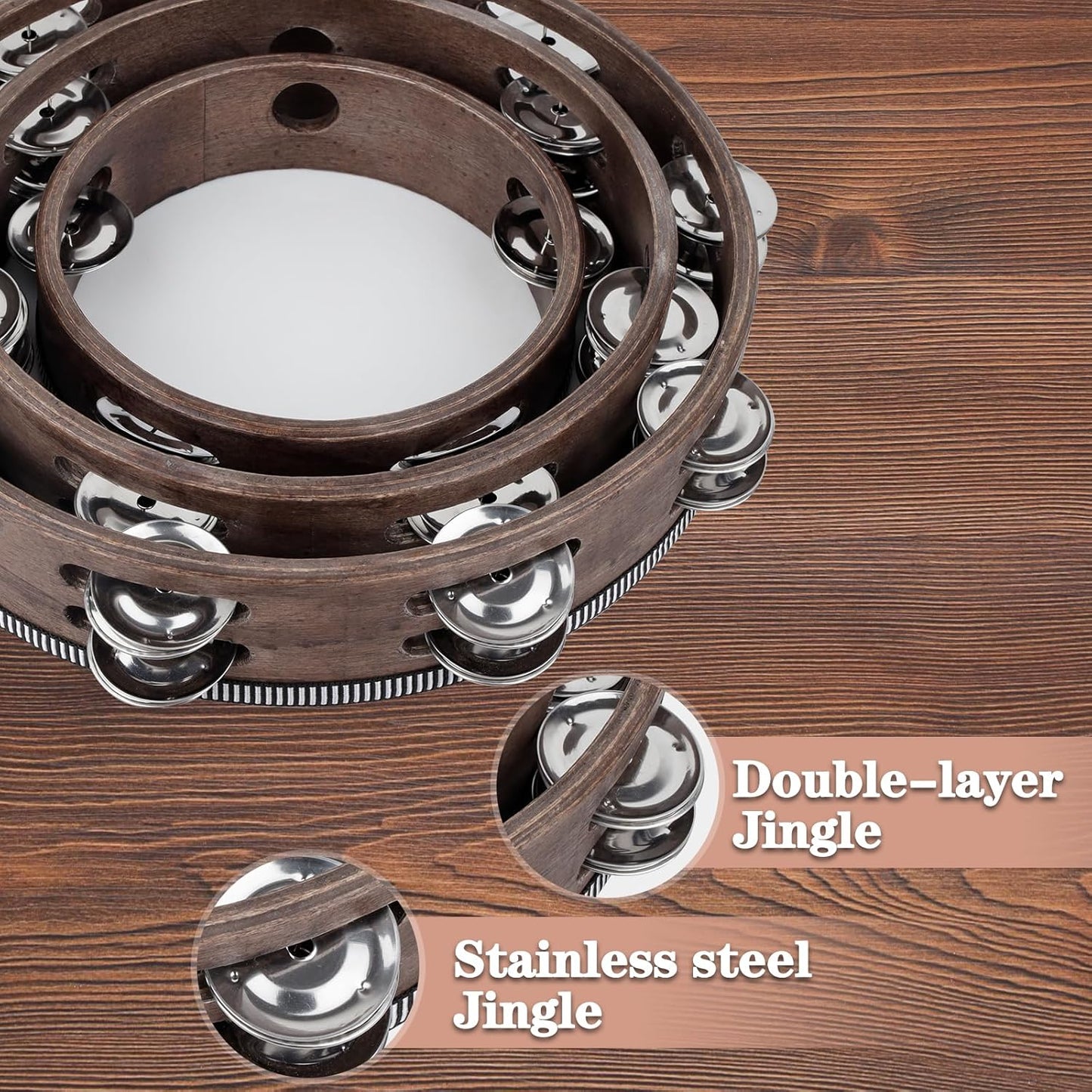 Wooden Hand Held Percussion Tambourine with Storage Bag - 6+8+10 Inches, Ideal for Church, Wedding, Party, Dance, Photo Shoot