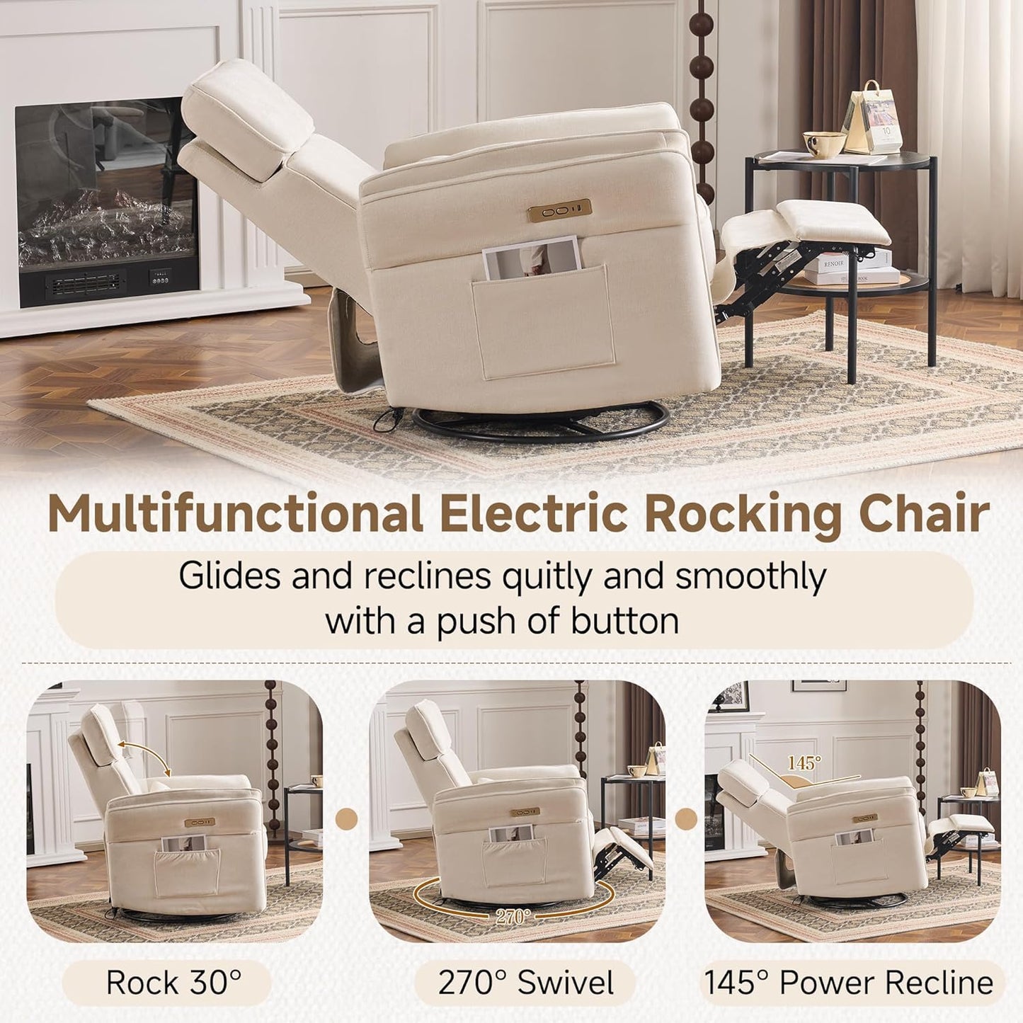 MELLCOM Power Recliner Rocking Chair Nursery Gliders with Adjustable Armrests and Headrest, Swivel Electric Glider Reclining Nursing Chair with USB Port and Storage Bags, FSC Certified