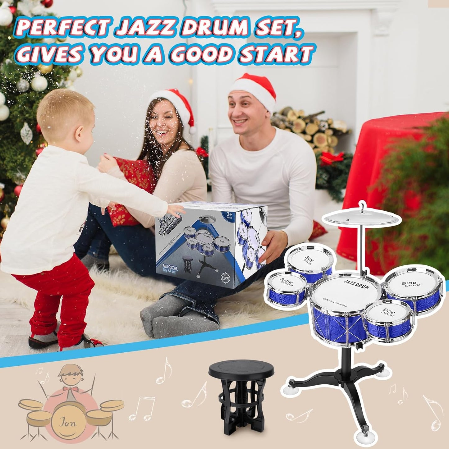 Toddler Drum Set Kids Jazz Drum Kit 8 Piece - Educational Percussion Musical Instruments Drum Toy Playset Christmas Birthday Gift for Boys Girls, Blue