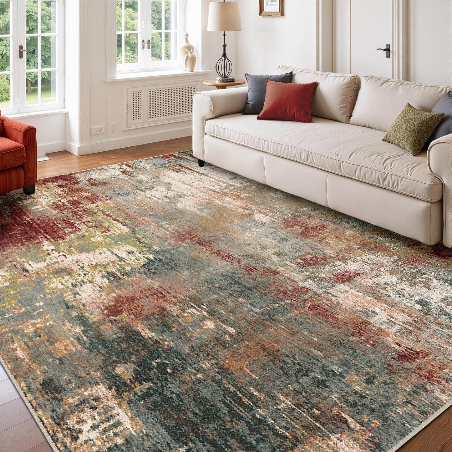 Washable Area Rugs 5'x7' Non-Slip Modern Abstract Soft for Living Room Entryway Bedroom Nursery, Print Pattern, Brown Rust Red Multi