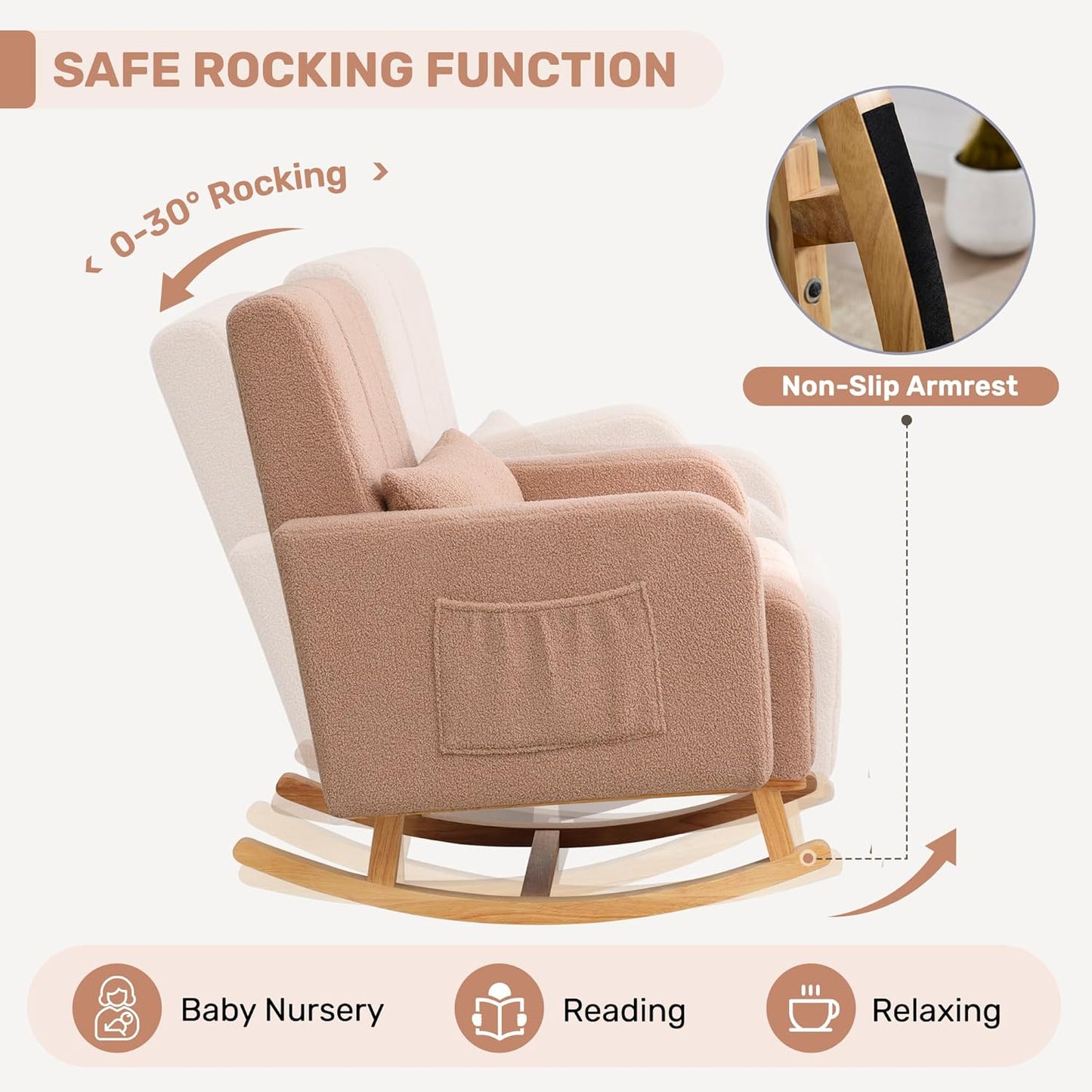 Rocking Chair with Ottoman, Upholstered Glider Rocker with High Backrest and Side Pocket, Comfy Reading Chair with Solid Wood Legs for Nursery, Living Room,Bedroom Coffee